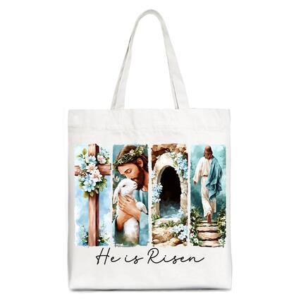 Front. OrnamentallyYou - He Is Risen Christian Brushstroke Canvas Tote Bag, Festive Easter Gift Shopper - White.