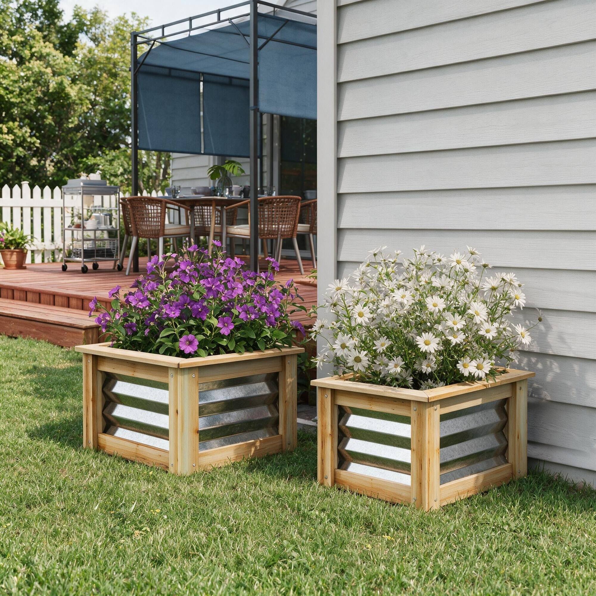 Back. RYHNUYNE - Raised Garden Bed Set of 2, Galvanized Metal Planter Box with Wood Frame, Outdoor Stock Tanks for Flowers, Herbs - Multicolor.