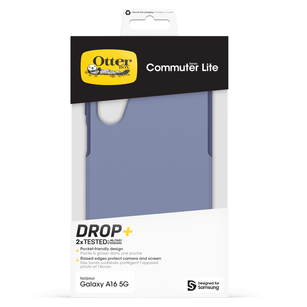 Recycle this packaging  
Enbalage - recyclar  

Otter Series BOX Commuter Lite  

DROP + 2x MILITARY TESTED STANDARD  
Pocket-friendly design  
Facile à glisser dans une poche  
Raised edges protect camera and screen  
Des bords surélevés protègent l'appareil photo et l'écran  

for/pour Galaxy A16 5G  

Designed for Samsung