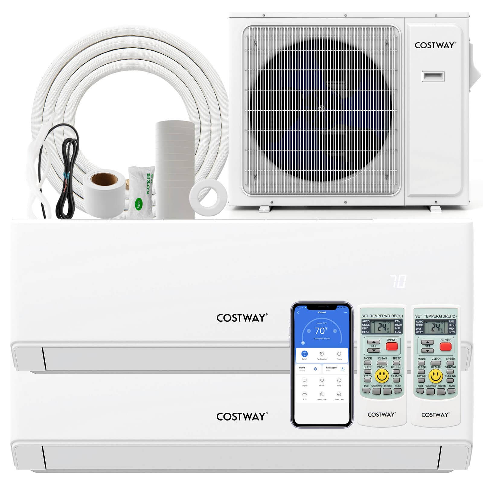 Costway - 30k BTU 2 Zone 7K + 12K BTU Split Air Conditioner 23 SEER2 208-230V Wifi Enabled - White