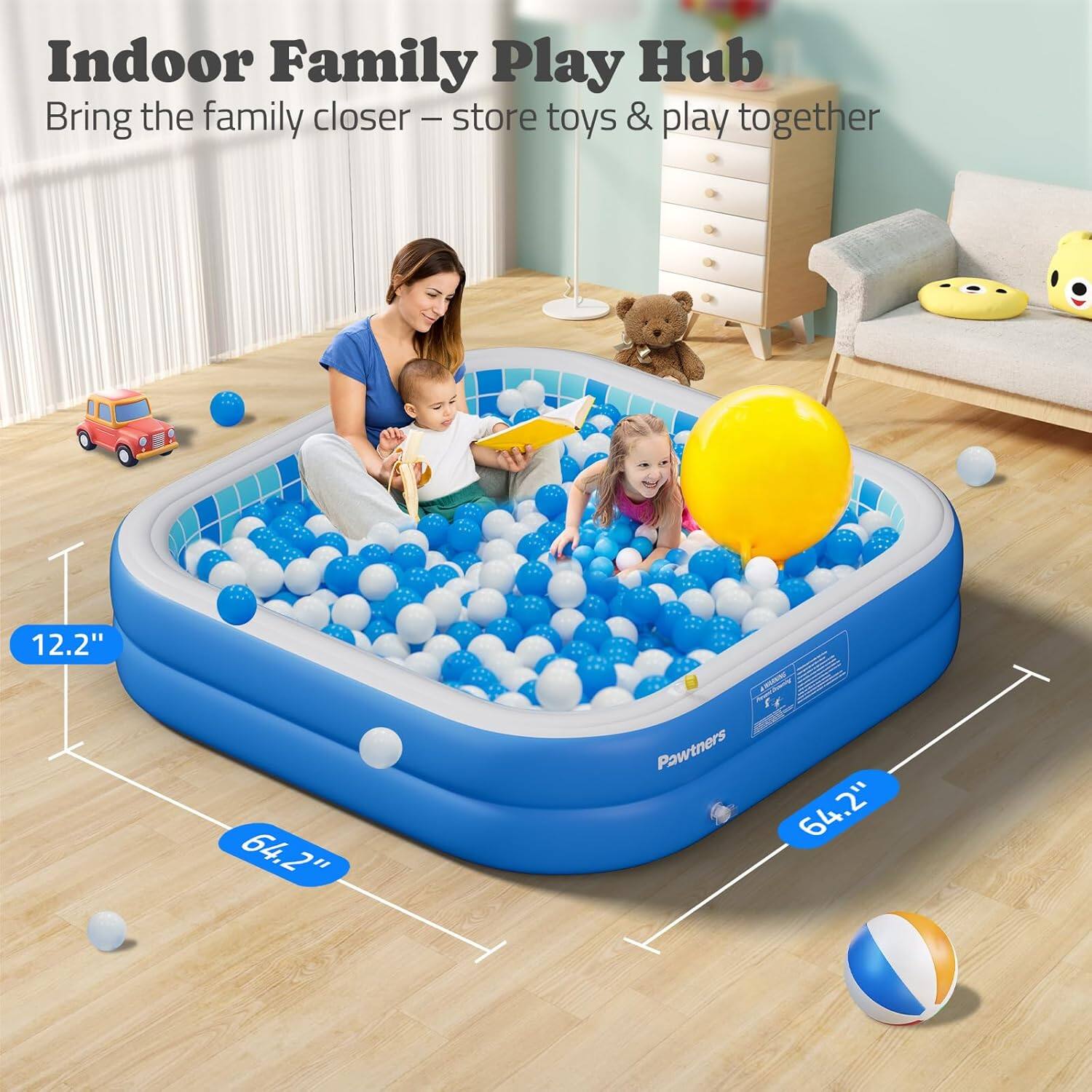 Indoor Family Play Hub  
Bring the family closer – store toys & play together  

12.2"  
64.2"  
64.2"  

Pawtners