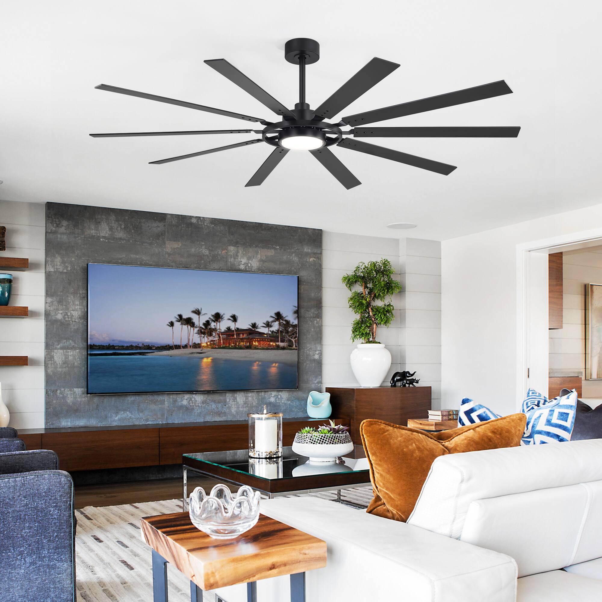 Left. Breezary - 72-Inch 10-Blade LED Ceiling Fan DC Motor 3-Color Light Memory Reverse Timer Remote - Black and Walnut.