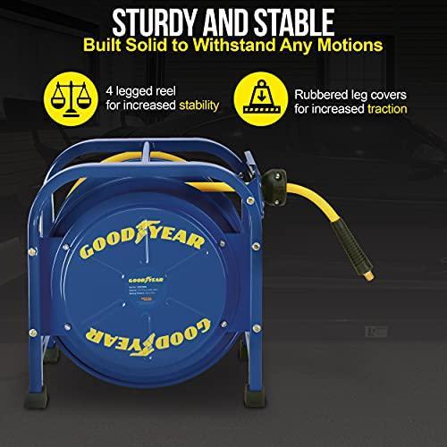 STURDY AND STABLE  
Built Solid to Withstand Any Motions  

4 legged reel for increased stability  
Rubbered leg covers for increased traction  

GOOD YEAR