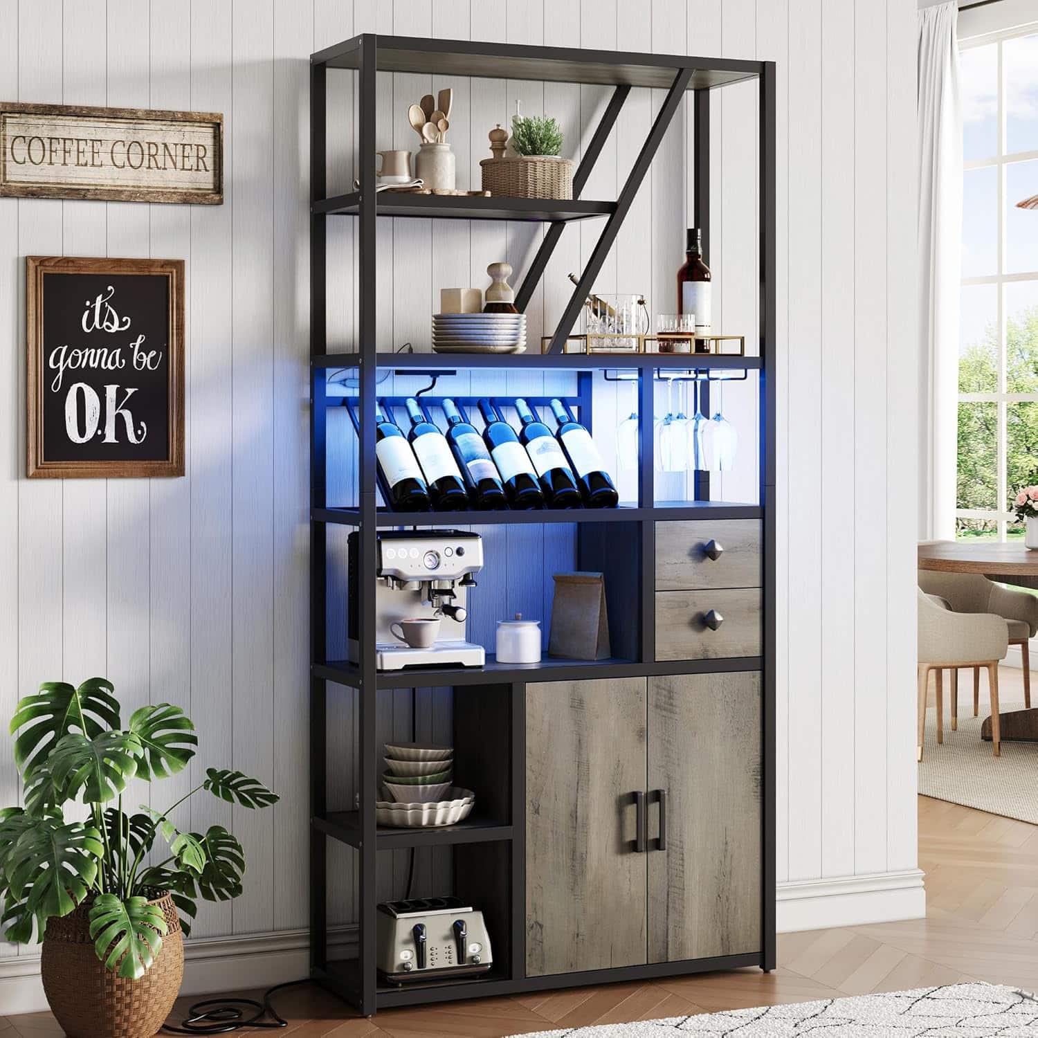 Babevy - LED Wine Bar Cabinet with Power Outlets - Glass Holder, Microwave Stand & Bakers Rack for Home & Kitchen - Gray