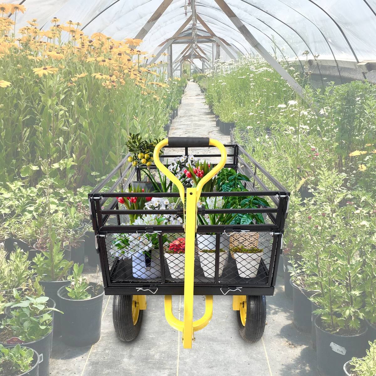 Back. Loheer - Loheer Heavy Duty Steel Garden Cart, 1400 lb Capacity, Convertible Flatbed Wagon with Removable Mesh Sides.