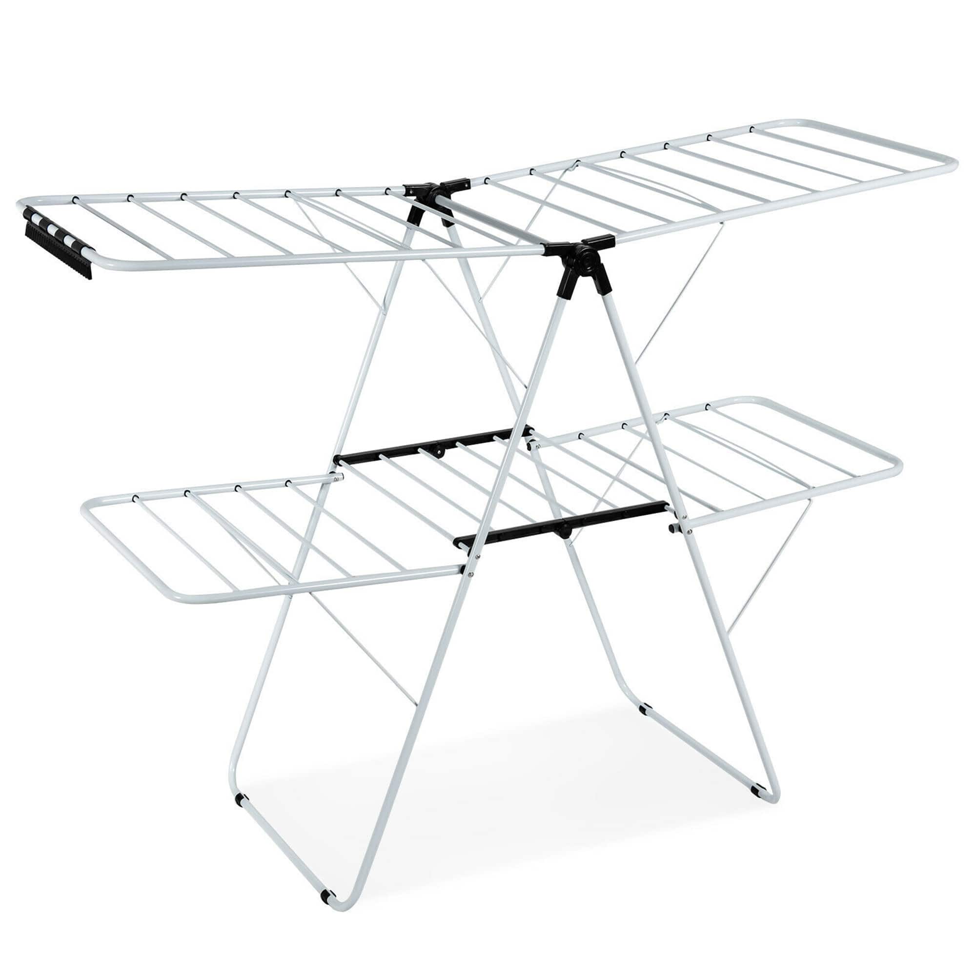 Costway - 2-Level Clothes Drying Rack Foldable Airer w/ Height-Adjustable Gullwing - White,Black