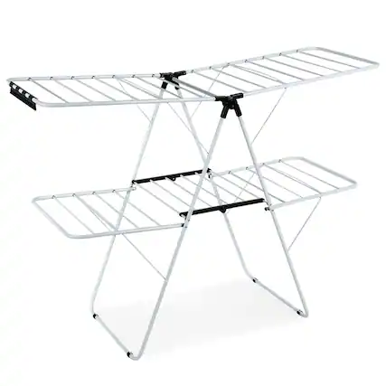 Front. Gymax - Gymax 2-Level Clothes Drying Rack Foldable Airer w/ Height-Adjustable Gullwing - White, Black.