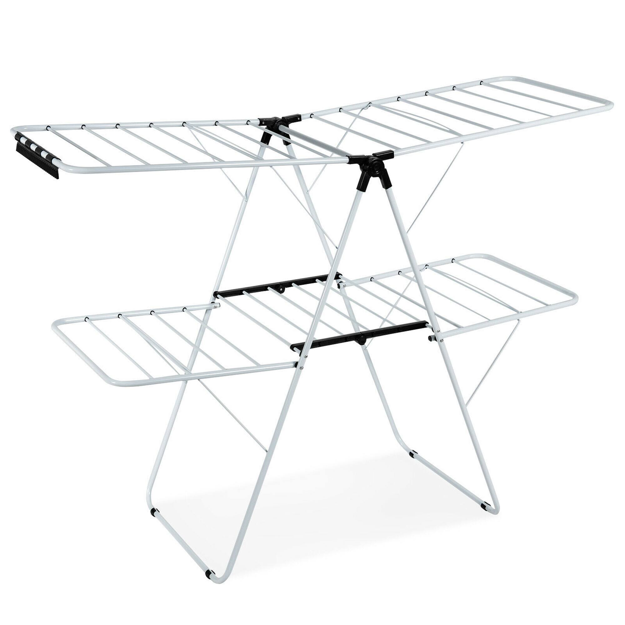 Front. Gymax - Gymax 2-Level Clothes Drying Rack Foldable Airer w/ Height-Adjustable Gullwing - White, Black.
