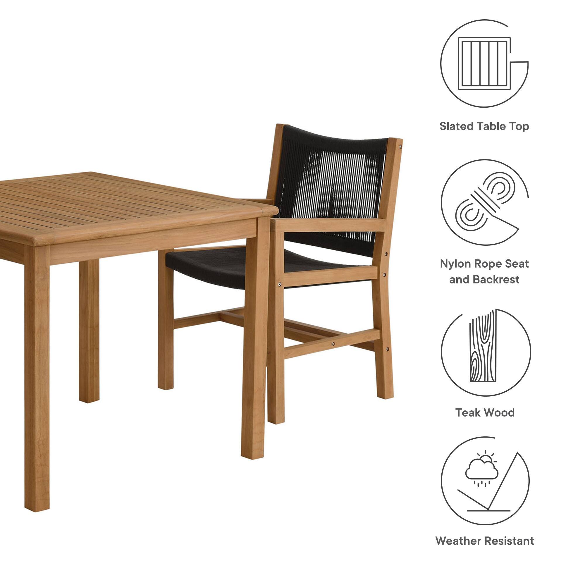 - Slated Table Top
- Nylon Rope Seat and Backrest
- Teak Wood
- Weather Resistant