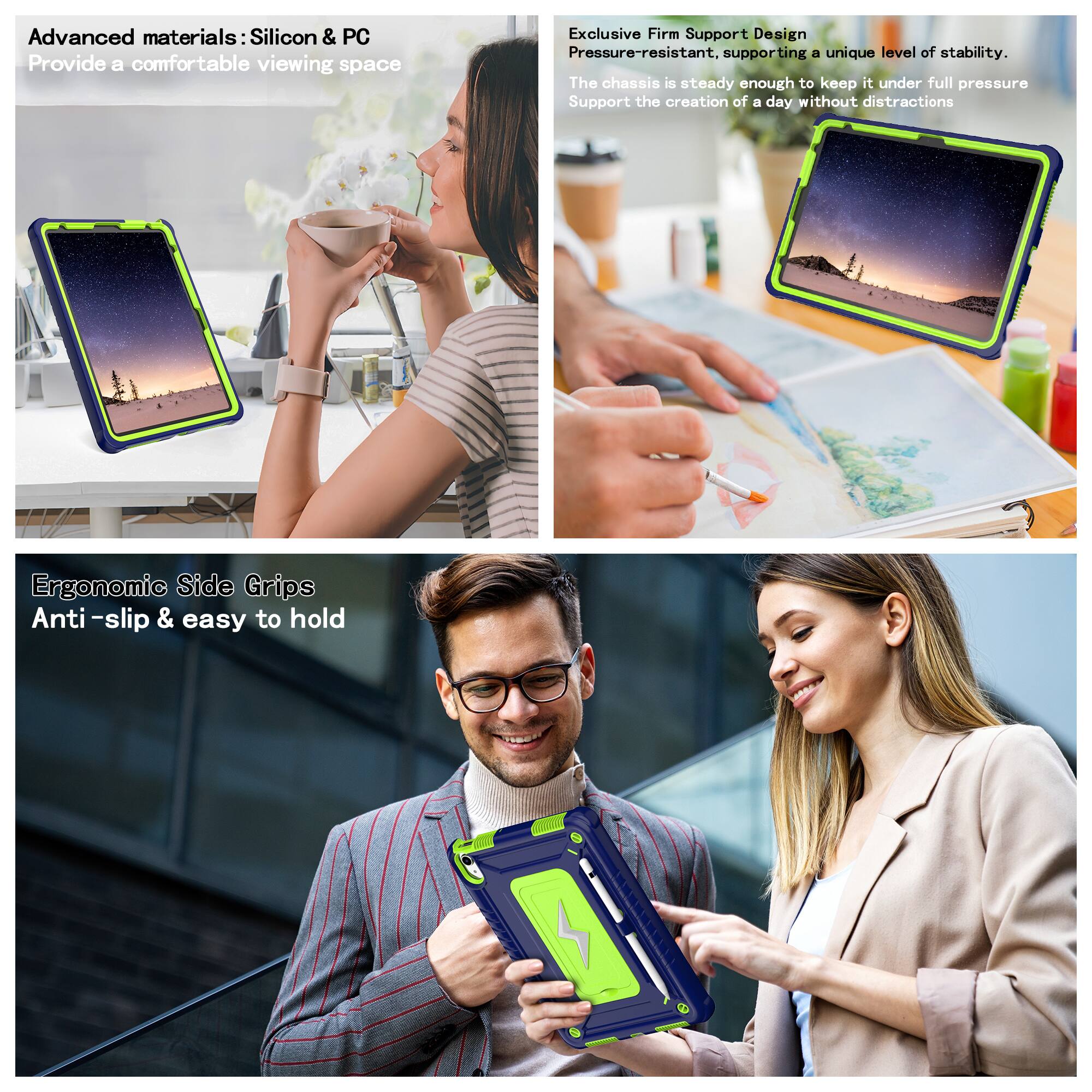 Advanced materials: Silicon & PC  
Provide a comfortable viewing space  

Exclusive Firm Support Design  
Pressure-resistant, supporting a unique level of stability.  
The chassis is steady enough to keep it under full pressure  
Support the creation of a day without distractions  

Ergonomic Side Grips  
Anti-slip & easy to hold