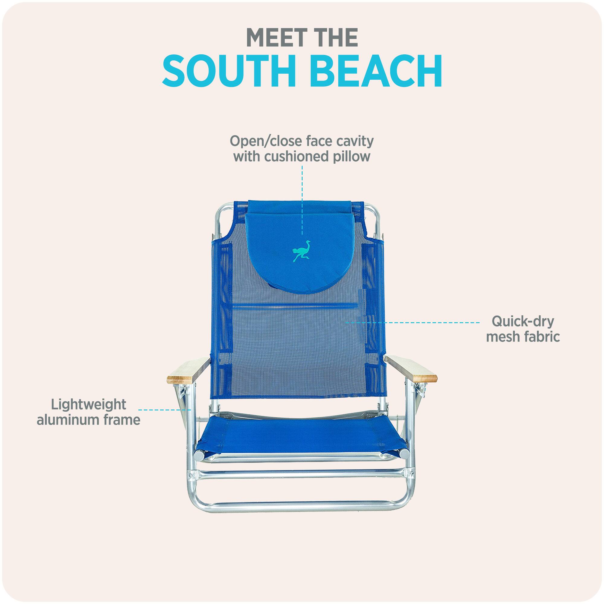 MEET THE SOUTH BEACH

- Open/close face cavity with cushioned pillow
- Quick-dry mesh fabric
- Lightweight aluminum frame