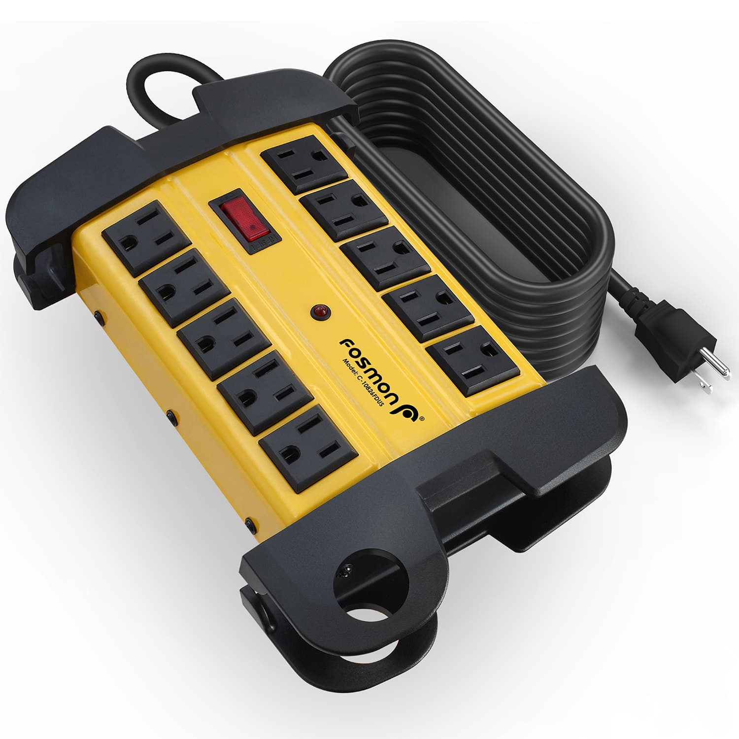Fosmon - [ETL Listed] 10-Outlet Surge Protector Power Strip, Heavy Duty Metal, 3150J, 15ft Flat Outlet Extension Cord - Yellow