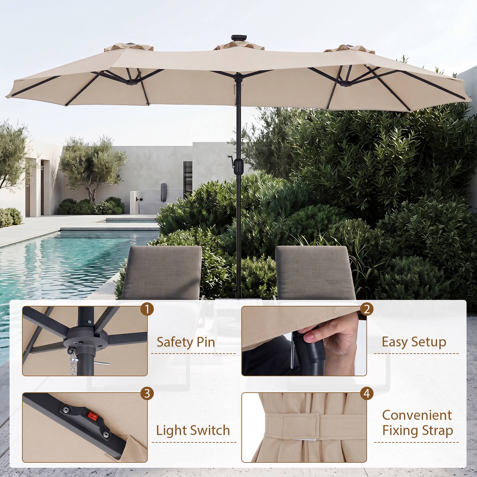 1. Safety Pin
2. Easy Setup
3. Light Switch
4. Convenient Fixing Strap