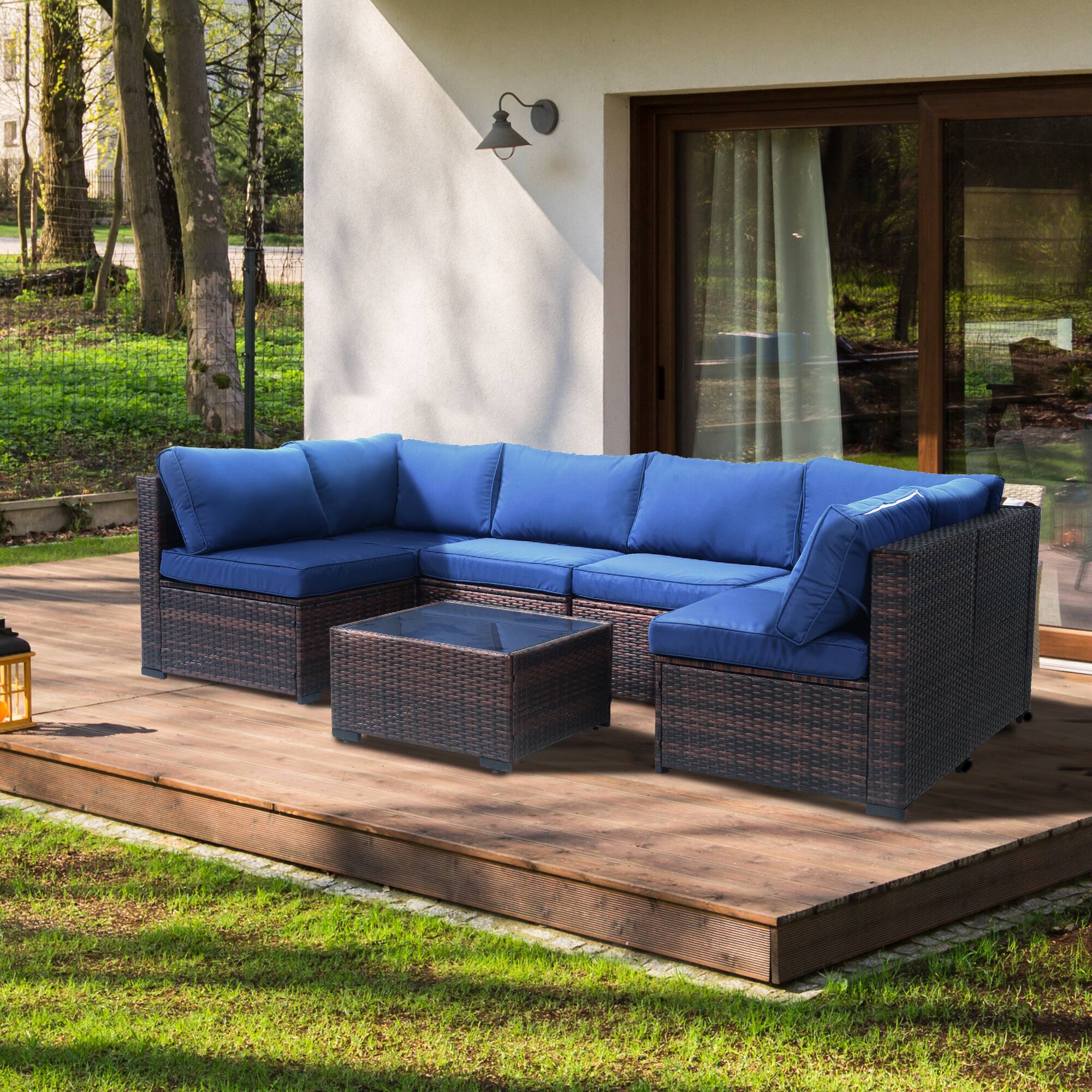Left. Yardgrace - 7-Piece Wicker Outdoor Furniture Conversation Set with Thick Cushions and Coffee Table - Blue.