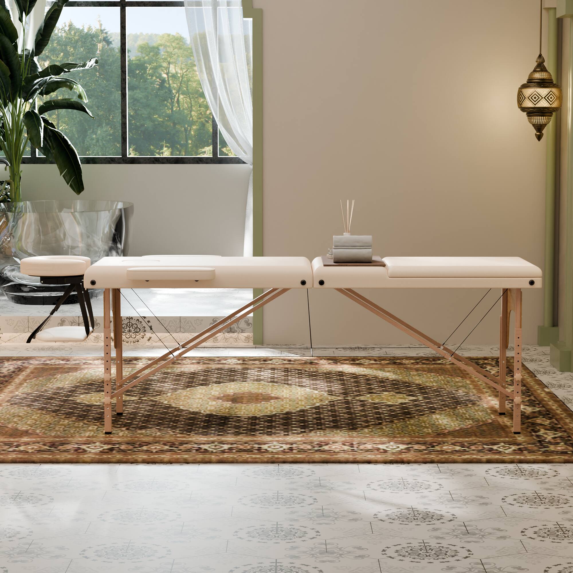 Angle. Famapy - Portable Foldable Massage Table White – Adjustable Backrest & Face Cradle, Lightweight Spa Bed for Home, Salon, Therapy - White & Wooden.