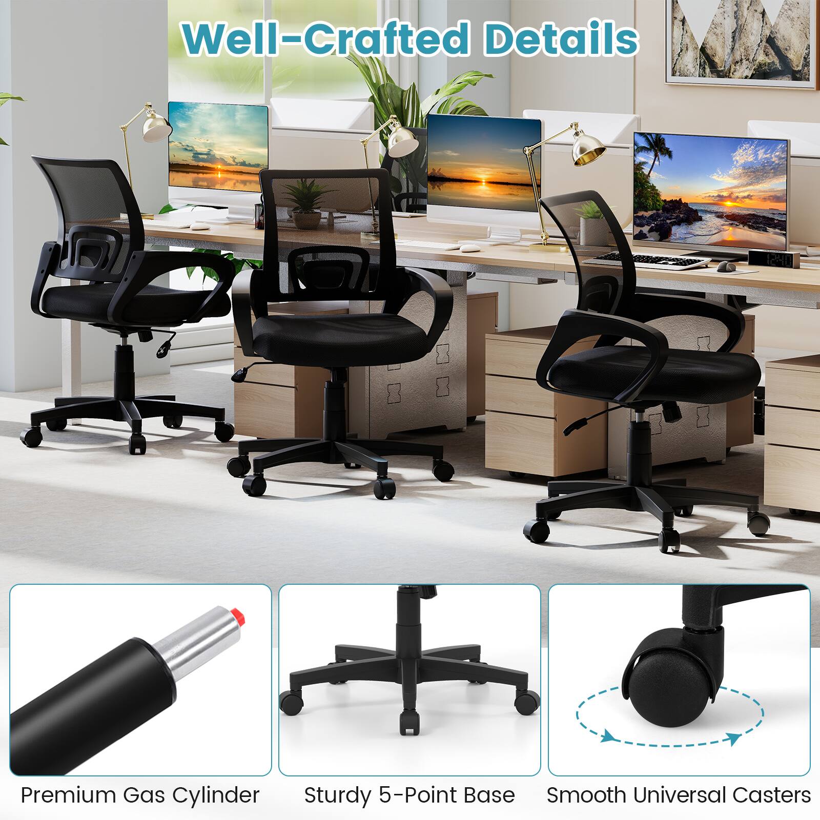 Well-Crafted Details

- Premium Gas Cylinder
- Sturdy 5-Point Base
- Smooth Universal Casters