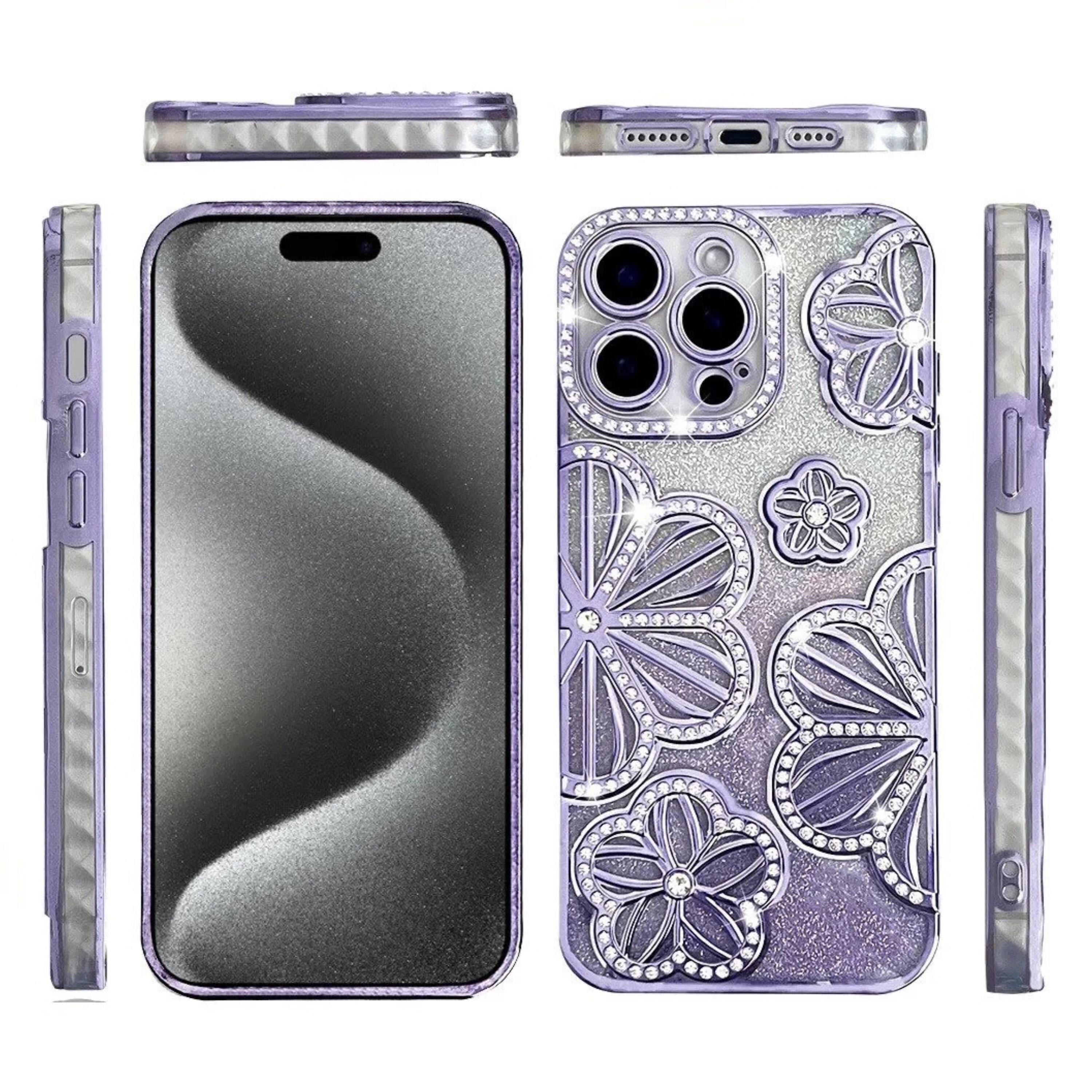Angle. Kitcheniva - Floral 3D Rhinestone Glitter Protective Phone Case With 2 Tempered Glass For iPhone 15 Pro Max Purple - Purple.