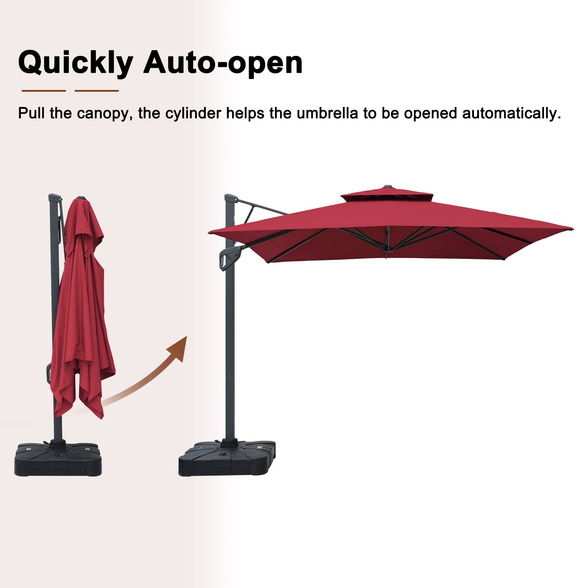 Quickly Auto-open  
Pull the canopy, the cylinder helps the umbrella to be opened automatically.