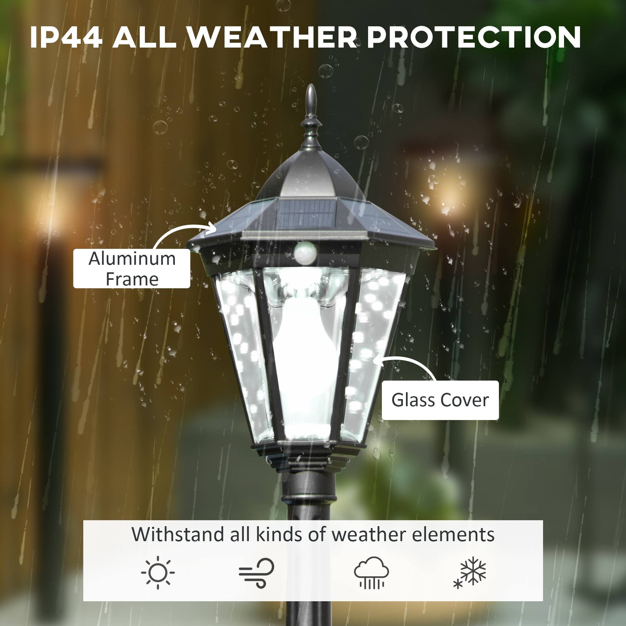 IP44 ALL WEATHER PROTECTION, Aluminum Frame, Glass Cover, Withstand all kinds of weather elements