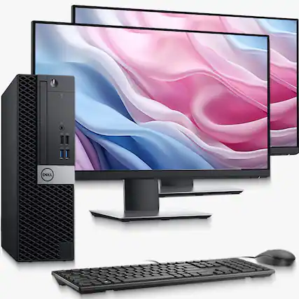 Front. Dell - OptiPlex Desktop PC | SFF | Intel Core i5-6th 3.20GHz | 8GB RAM | 128GB SSD | Dual 19" LED | KB & Mouse | Wi-Fi | Win11 - Black.
