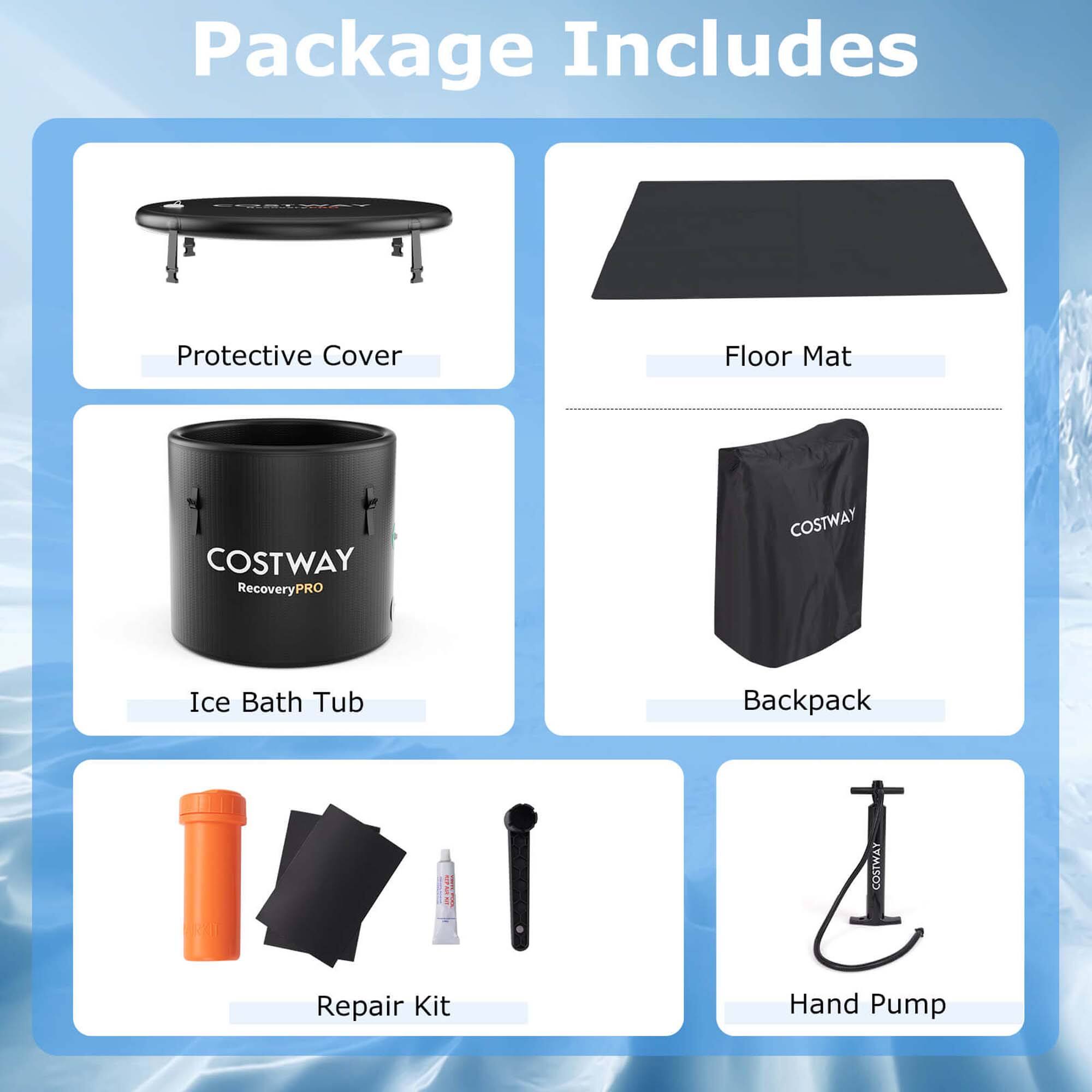 Package Includes: Protective Cover, Floor Mat, COSTWAY RecoveryPRO, COSTWAY Ice Bath Tub, Backpack, COSTWAY Repair Kit, Hand Pump.