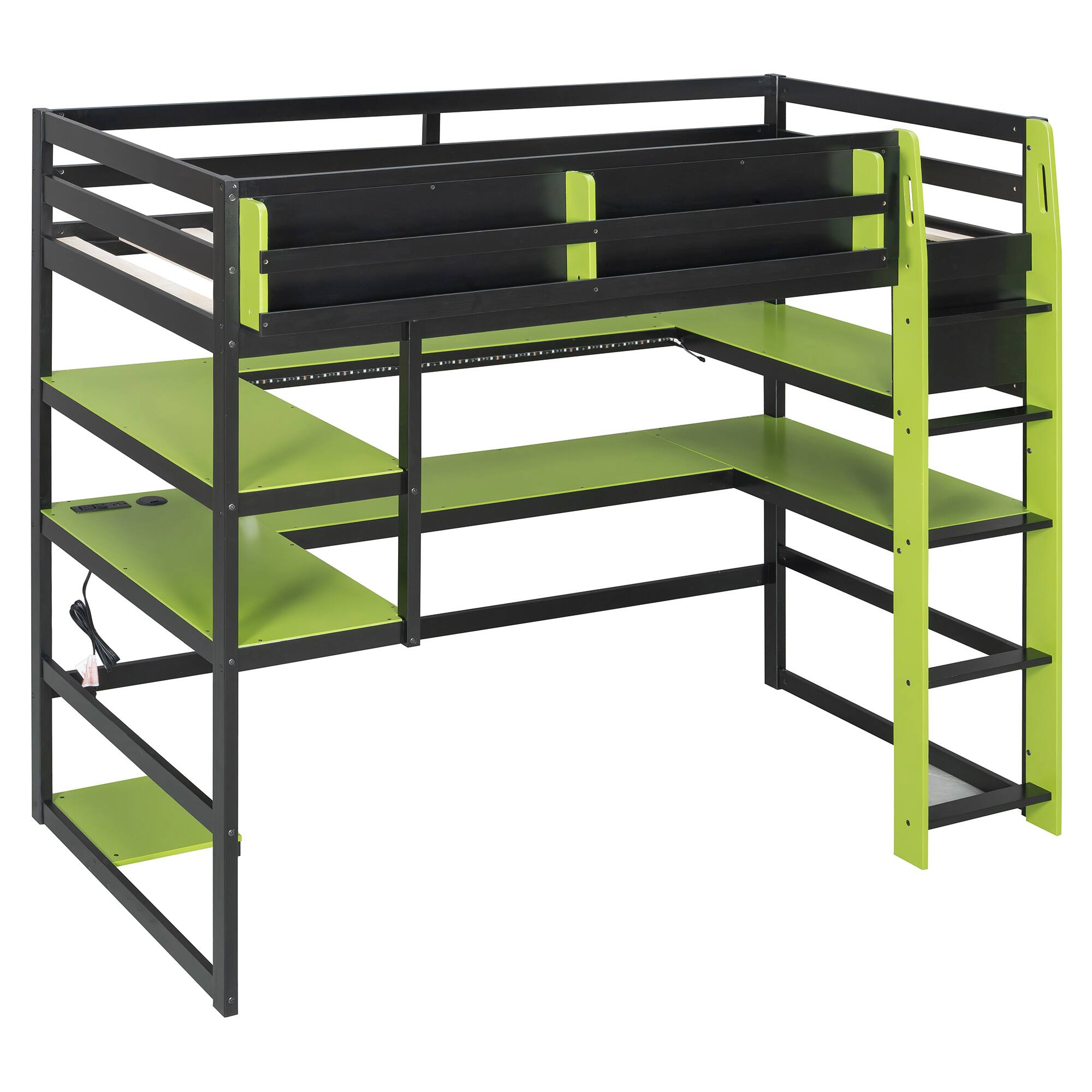 Alt View 1. Anysun - Twin Size Wood Loft Bed with Desk,Side storage rack,Multi-storage Shelves and RGB Light,Cloud - Green.