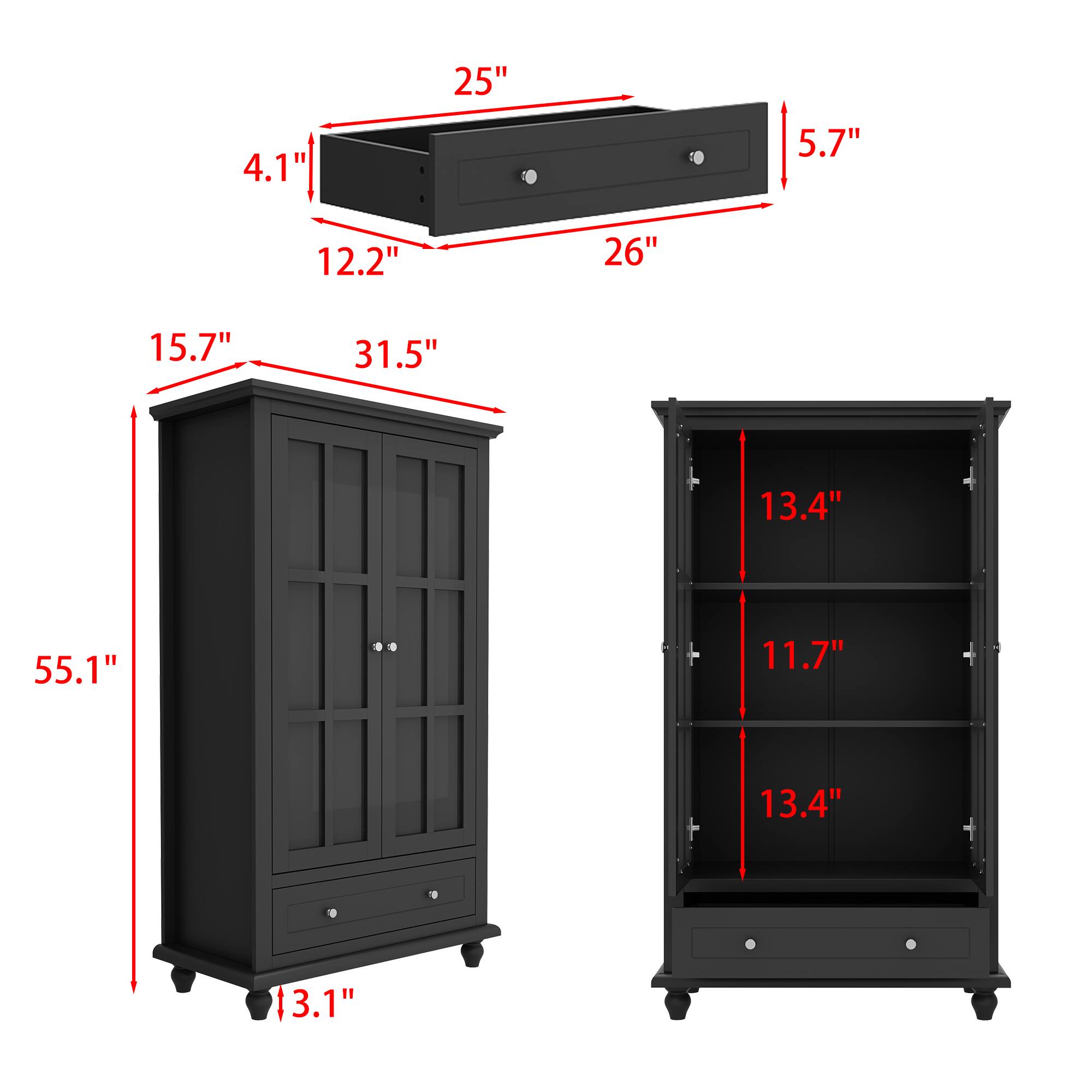 The text on the image is as follows:

- 25"
- 4.1"
- 5.7"
- 12.2"
- 26"
- 15.7"
- 31.5"
- 55.1"
- 13.4"
- 11.7"
- 13.4"
- 13.1"
