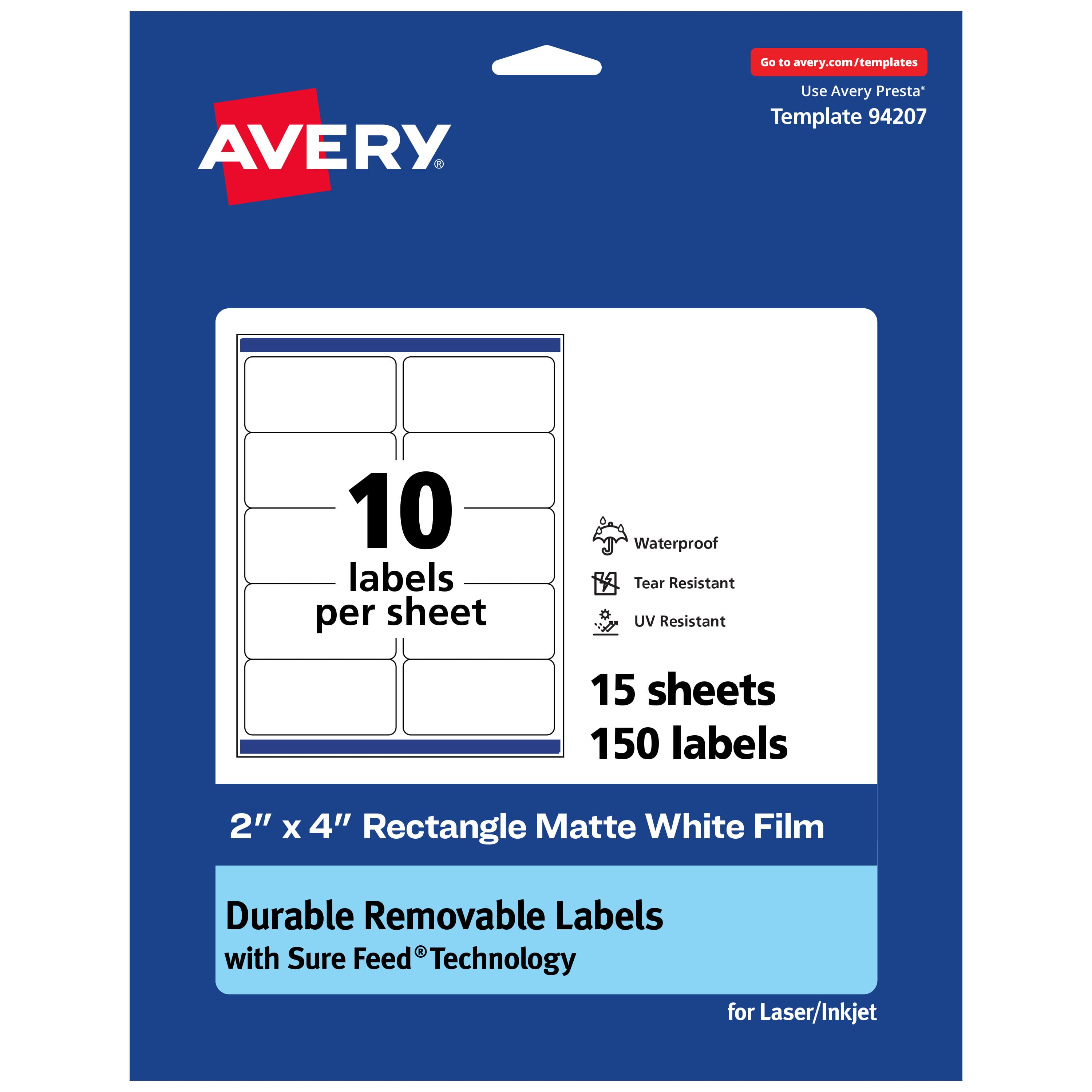 Avery - Avery® Durable Removable Rectangle Labels, 2" x 4", 150 Labels - White