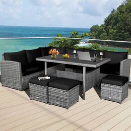Gymax - 7PCS Rattan Patio Sectional Sofa Set Conversation Set w/ Cushions - Black