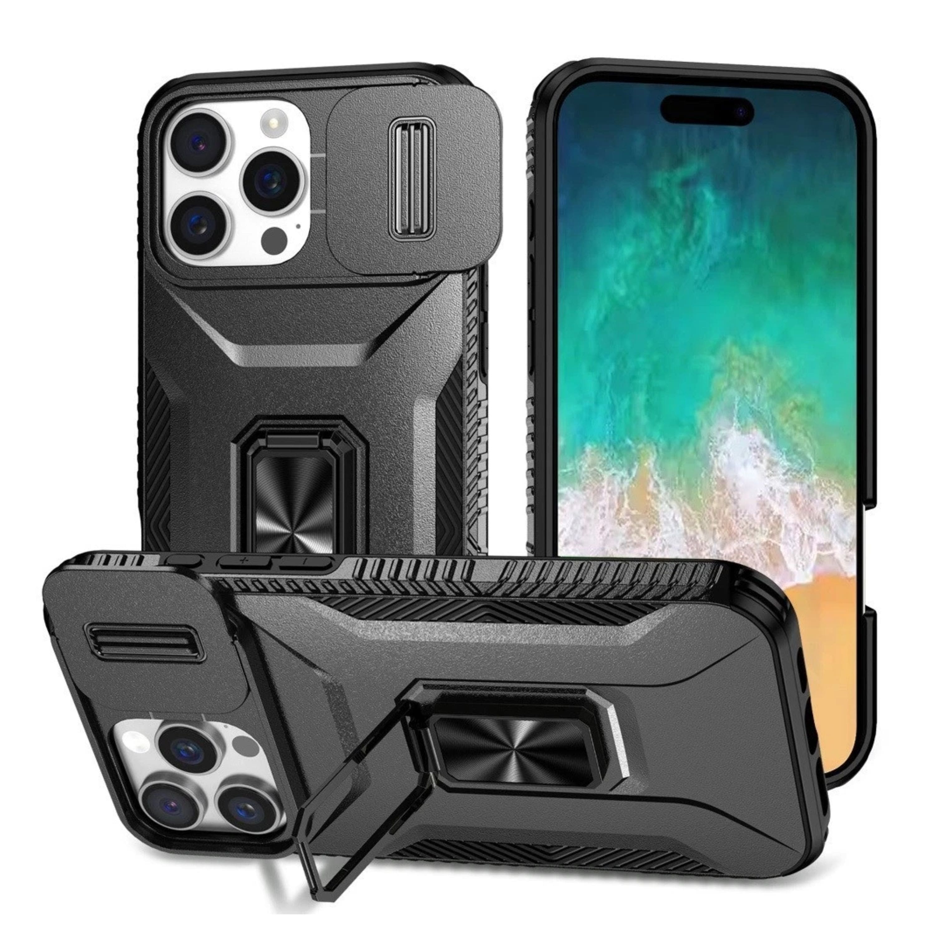 Kitcheniva - Complete Protection Magnetic Stand Phone Case With Tempered Glass For iPhone 16 Pro Max - Black