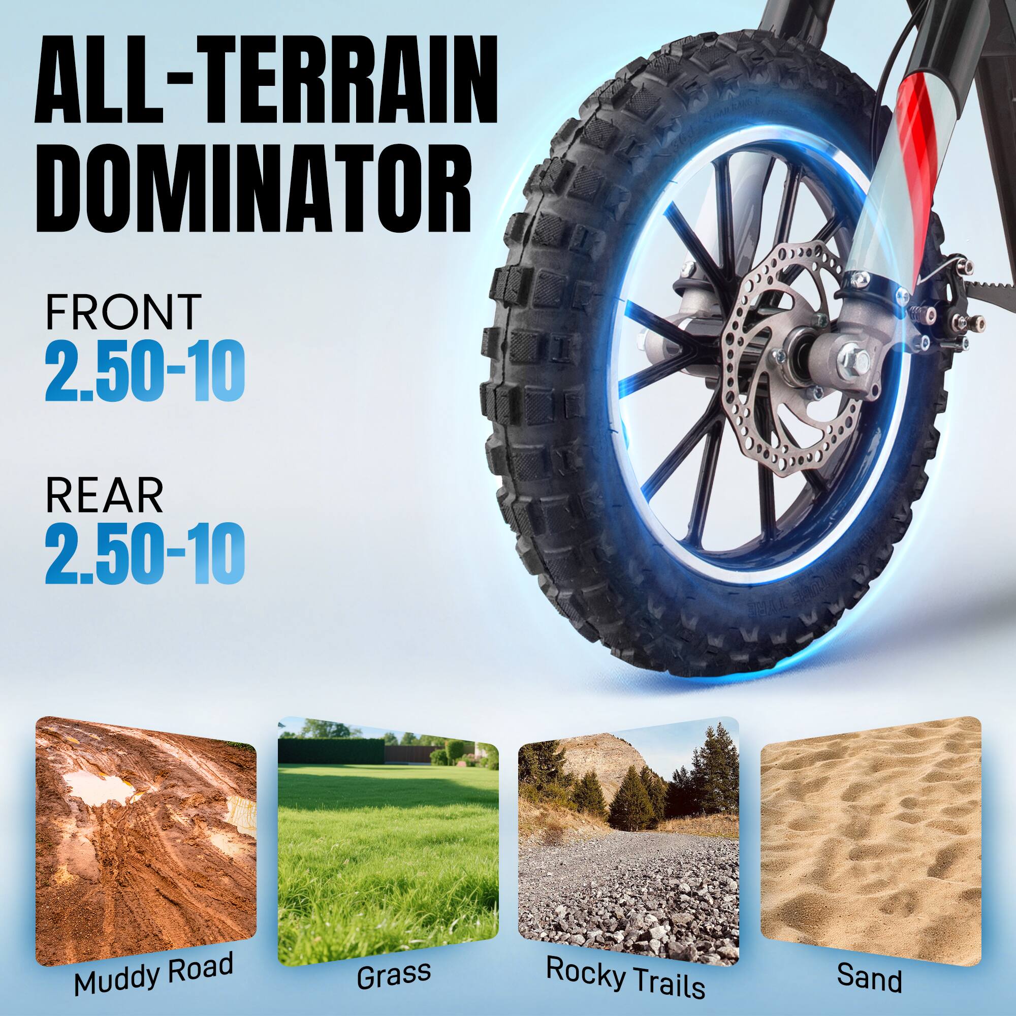 ALL-TERRAIN DOMINATOR  
FRONT 2.50-10  
REAR 2.50-10  

Muddy Road  
Grass  
Rocky Trails  
Sand