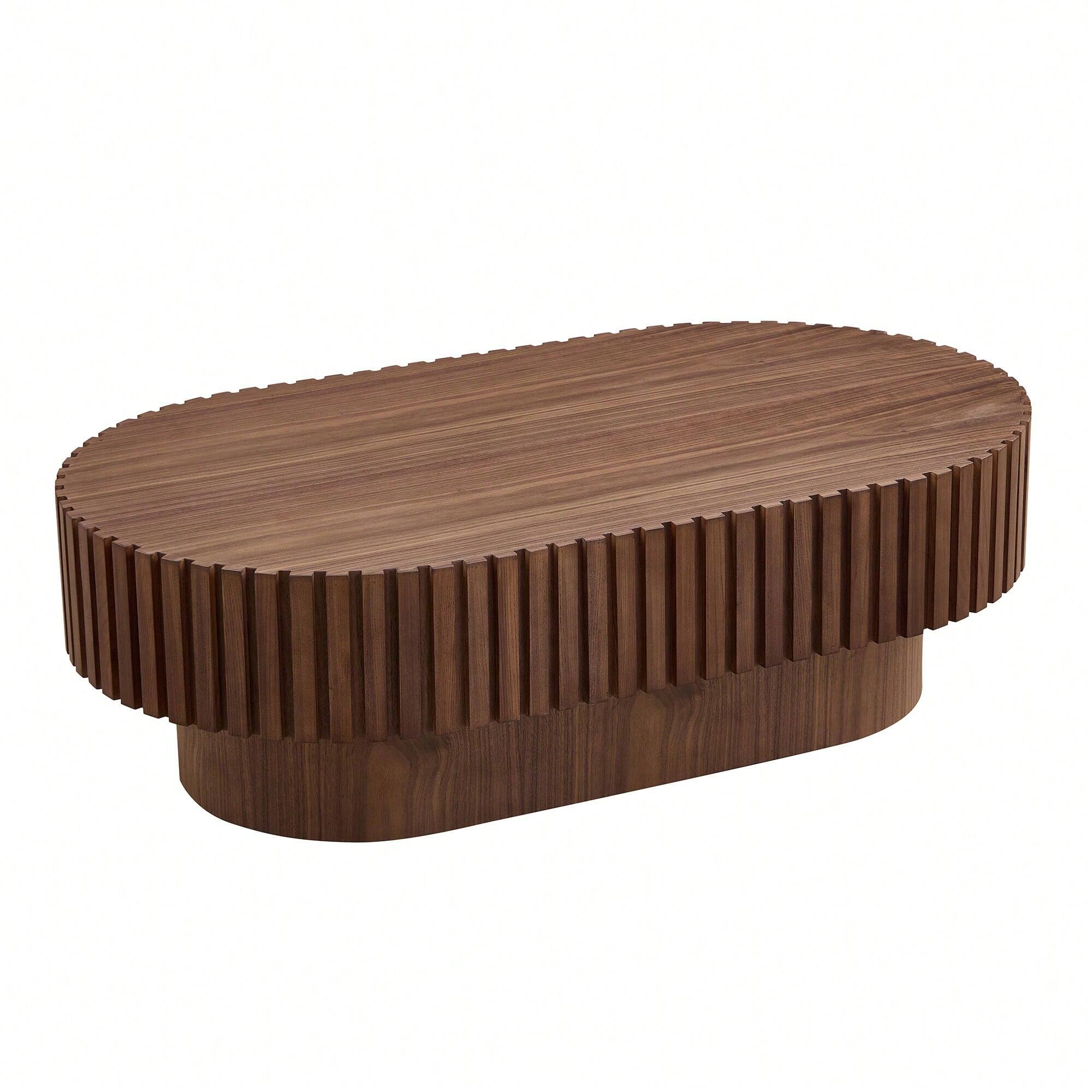 Alt View 5. Trinkets Crazed - Round Fluted Coffee Table, Mid Century Modern Irregular Large 43.7 Inch Wood Drum Design - Walnut.