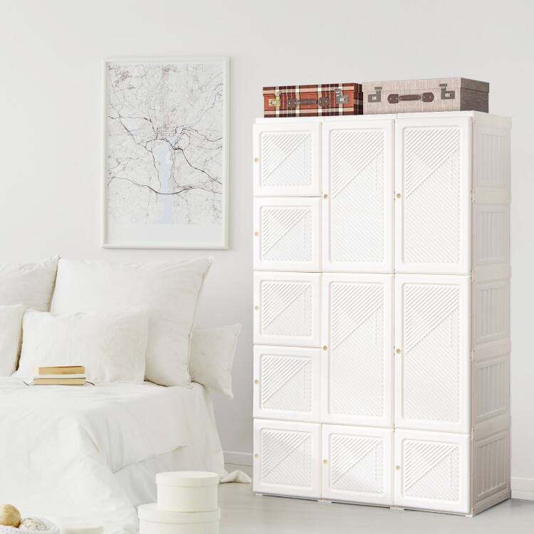 Back. SlickBlue - Portable Wardrobe Closet with 10 Cubes, Foldable Fabric Armoire Design - White.
