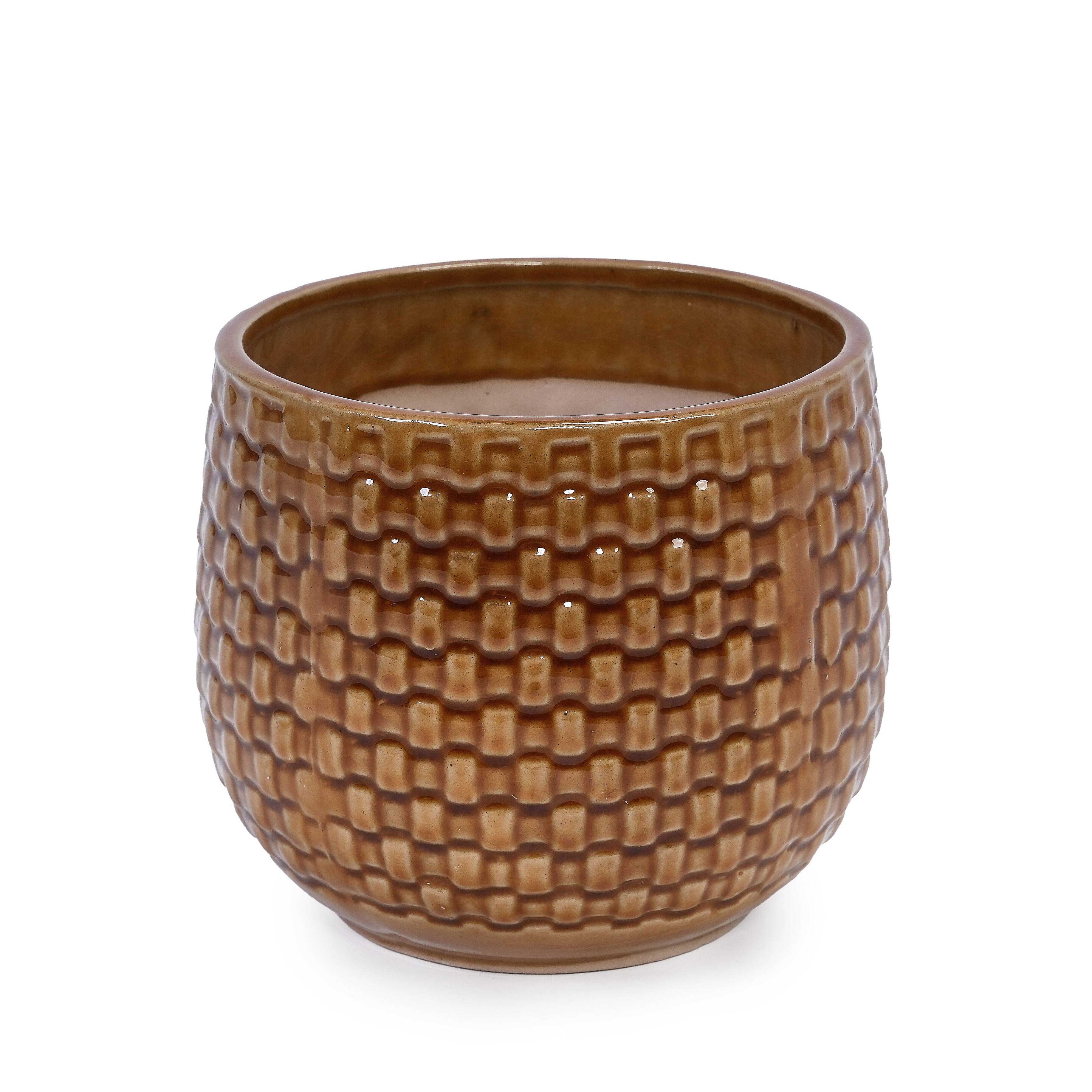 Alt View 5. Loheer - Loheer Ceramic Planter Set, Handmade Glazed Planter Set of 3 with Drainage, Diamond Pattern Terracotta Brown Pots.