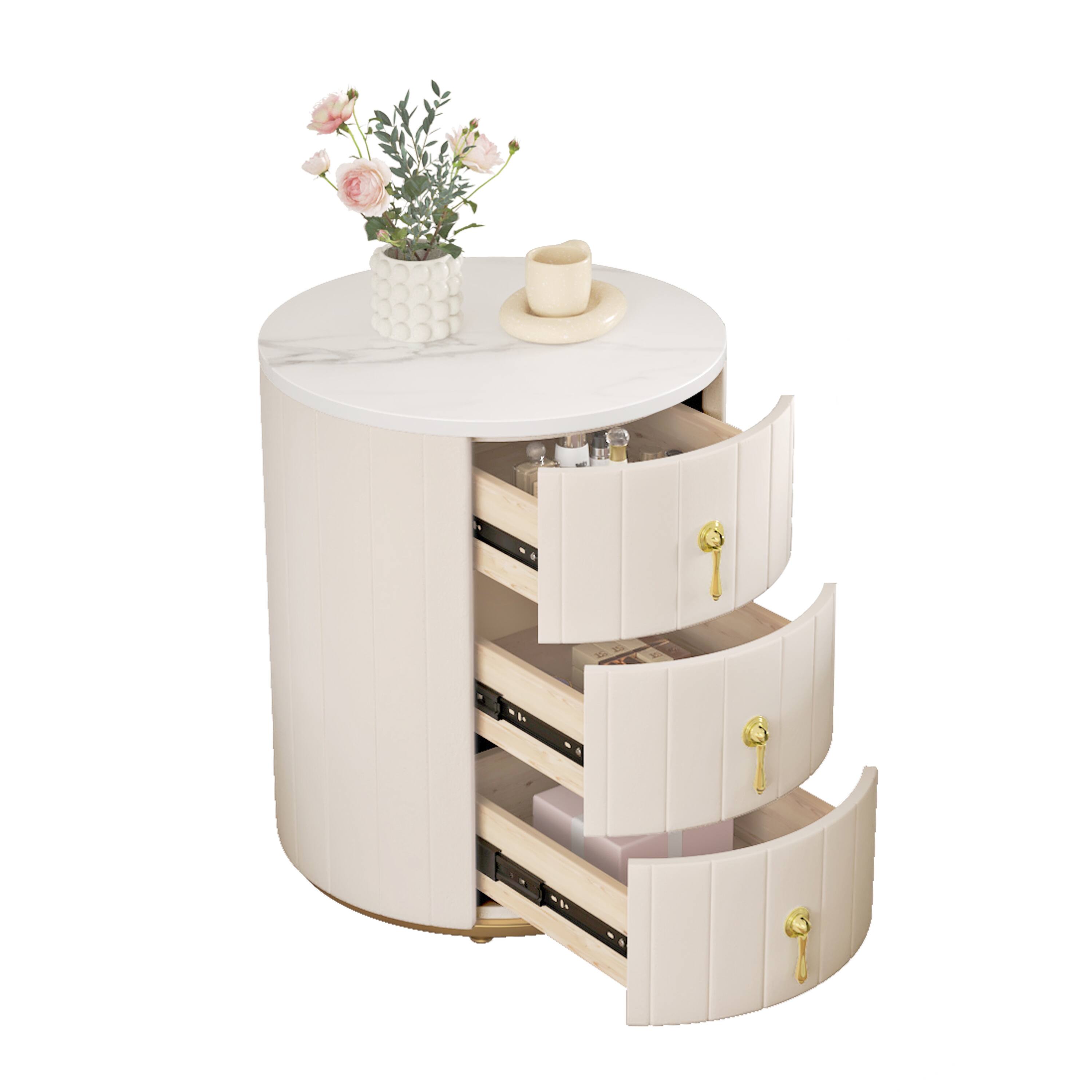 Alt View 2. Spaco - Spaco Upholstered Round Nightstand with 3 Drawers and Metal Handles, Marbling Sticker Top for Bedroom - Beige.