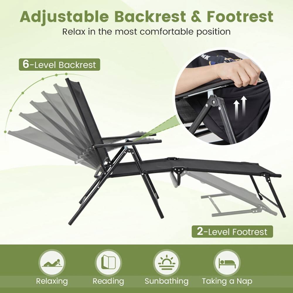 Adjustable Backrest & Footrest  
Relax in the most comfortable position  

6-Level Backrest  

2-Level Footrest  

Relaxing  
Reading  
Sunbathing  
Taking a Nap