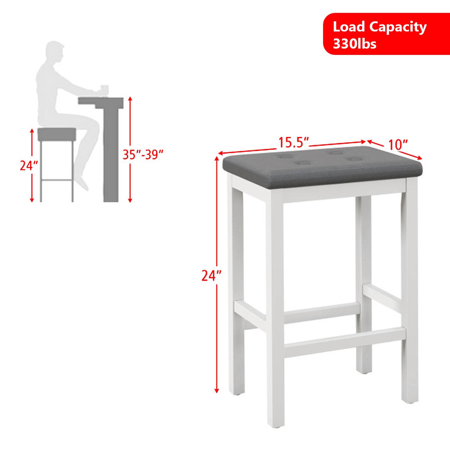 Load Capacity: 330lbs  
24"  
35"-39"  
15.5"  
10"  
24"