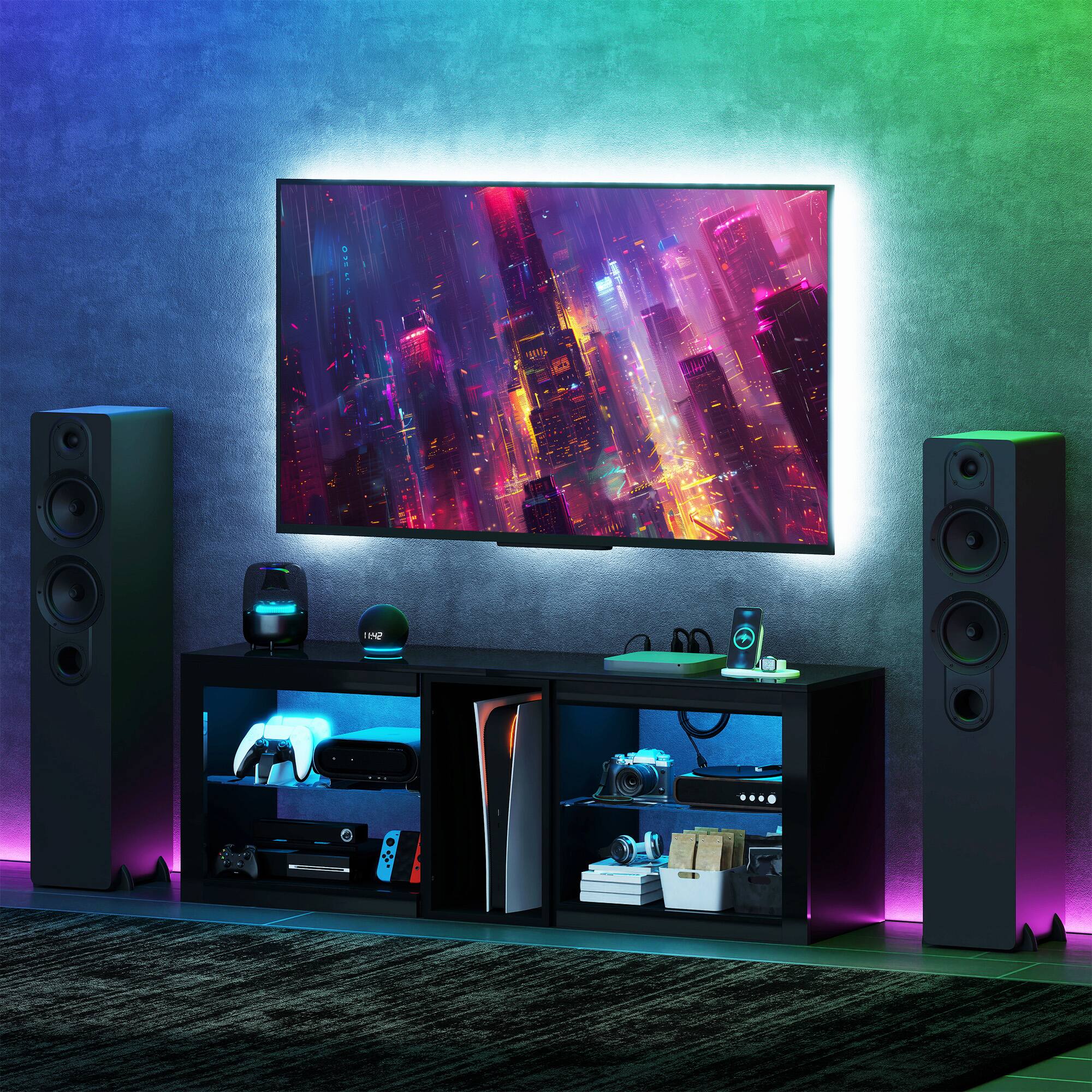 Alt View 1. Homcom - Modern TV Stand with LED Lights and Power Outlets for 55 Inch TV, 51" High Gloss Entertainment Center - Black.