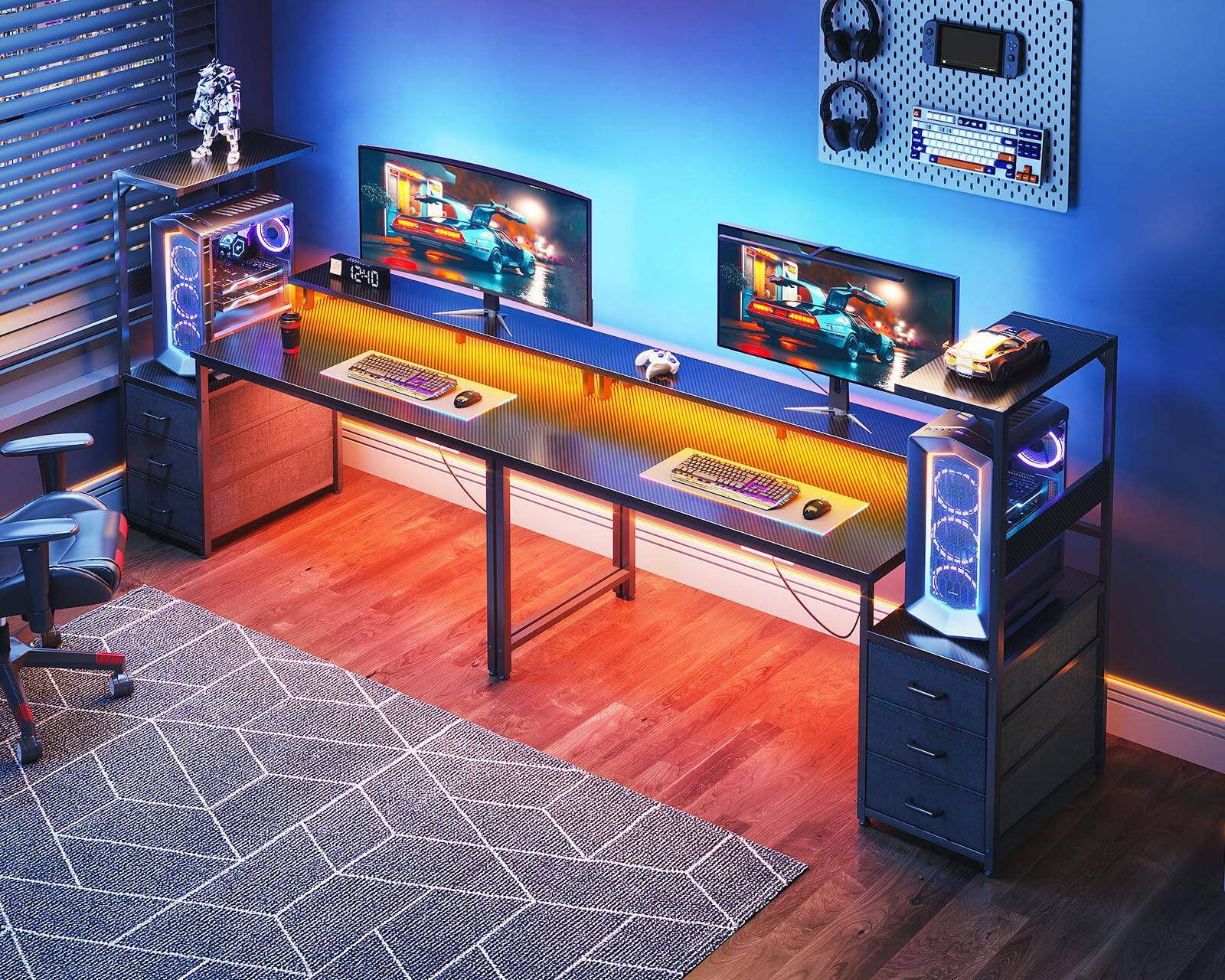 Alt View 1. AODK - Reversible Gaming Desk with RGB Light, Fabric Drawers & Display Shelf for Panoramic PC Cases - Black.