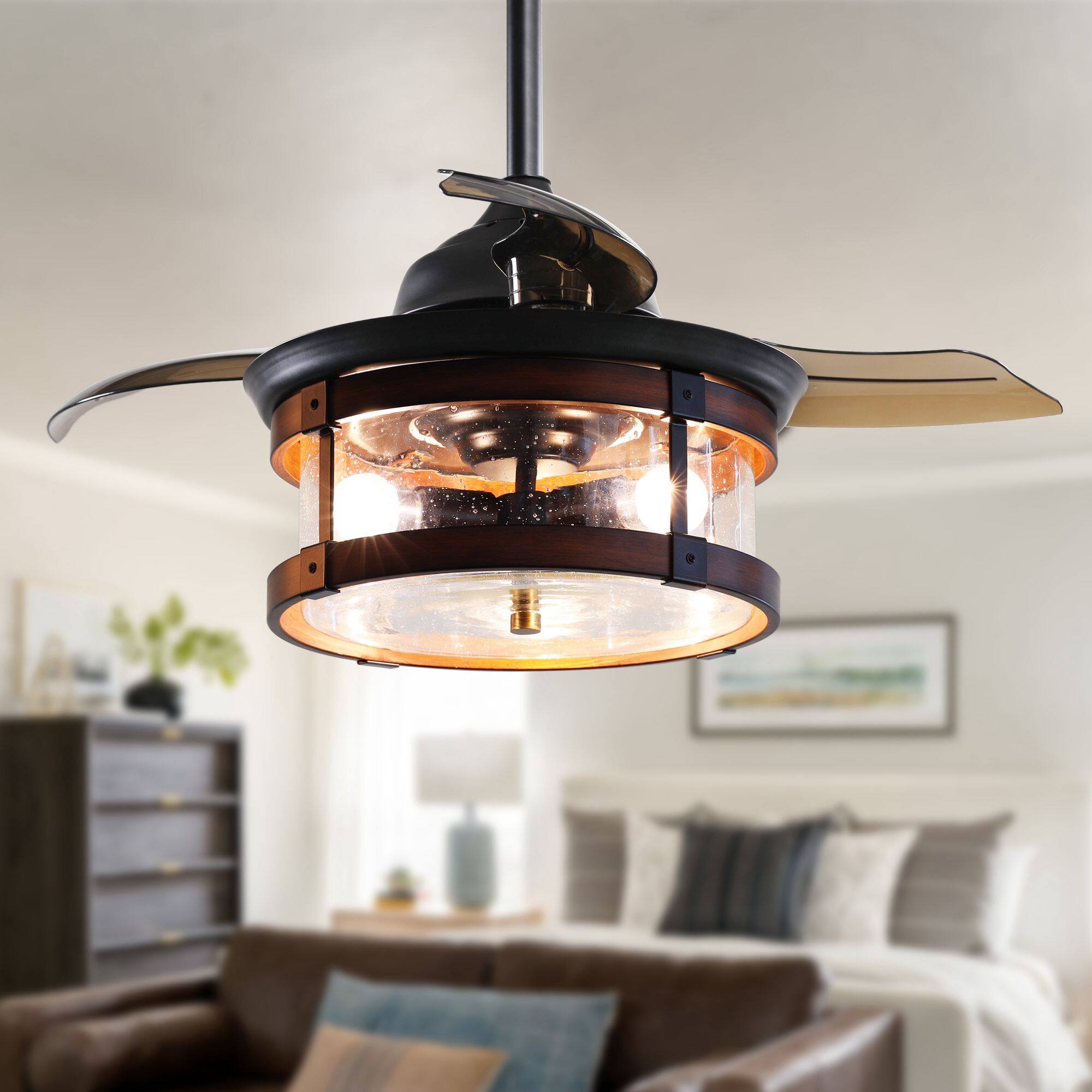 Angle. Parrot Uncle - 36" Industrial Retractable 3-Blade Ceiling Fan Chandelier with Remote - Matte Black.
