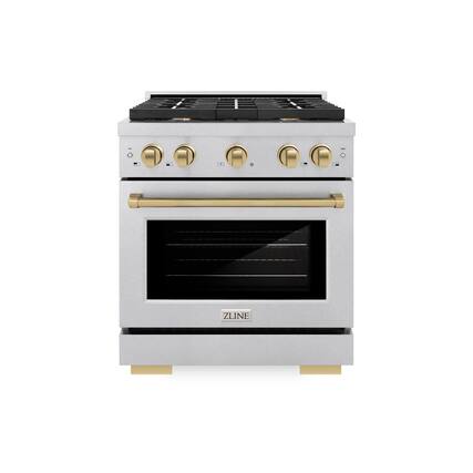 Front. ZLINE - 30 in. Wide 4 Burner 4.2 cu. ft. Autograph Paramount Dual Fuel Freestanding Satin Steel Range with Bronze Accents - Stainless Steel.