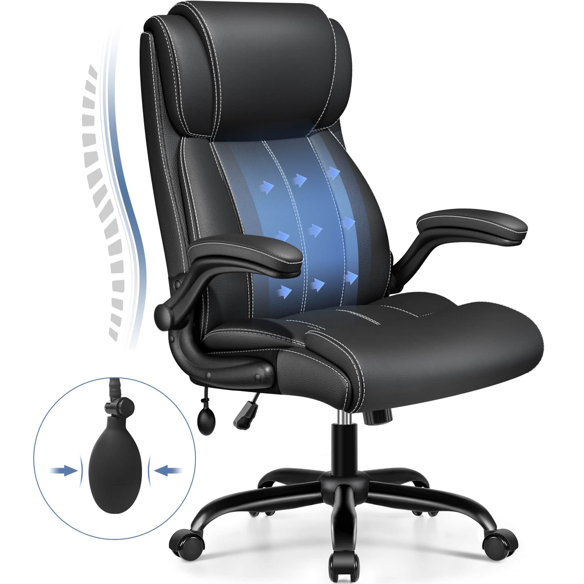 KERDOM - Ergonomic Office Chair - Desk Computer Chair, PU Leather High Back Executive Chair, Inflatable Lumbar Support, Wide Seat - Black