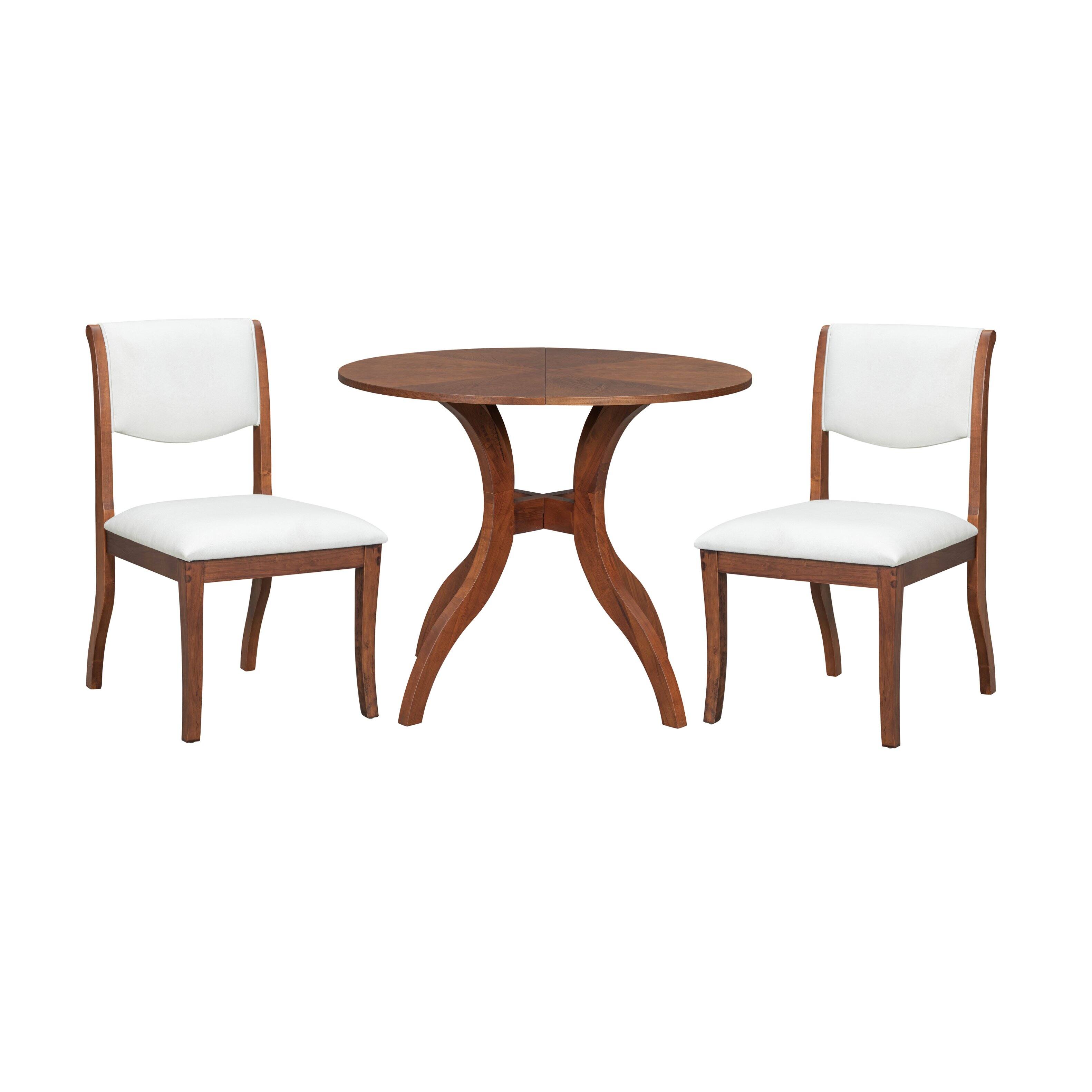 Back. TinyHomie - Dining Table Set 39.4in Round Table 2 Chairs Traditional Solid Wood Kitchen Set with Inlaid Tabletop Elegant Curved Legs - White and Walnut.