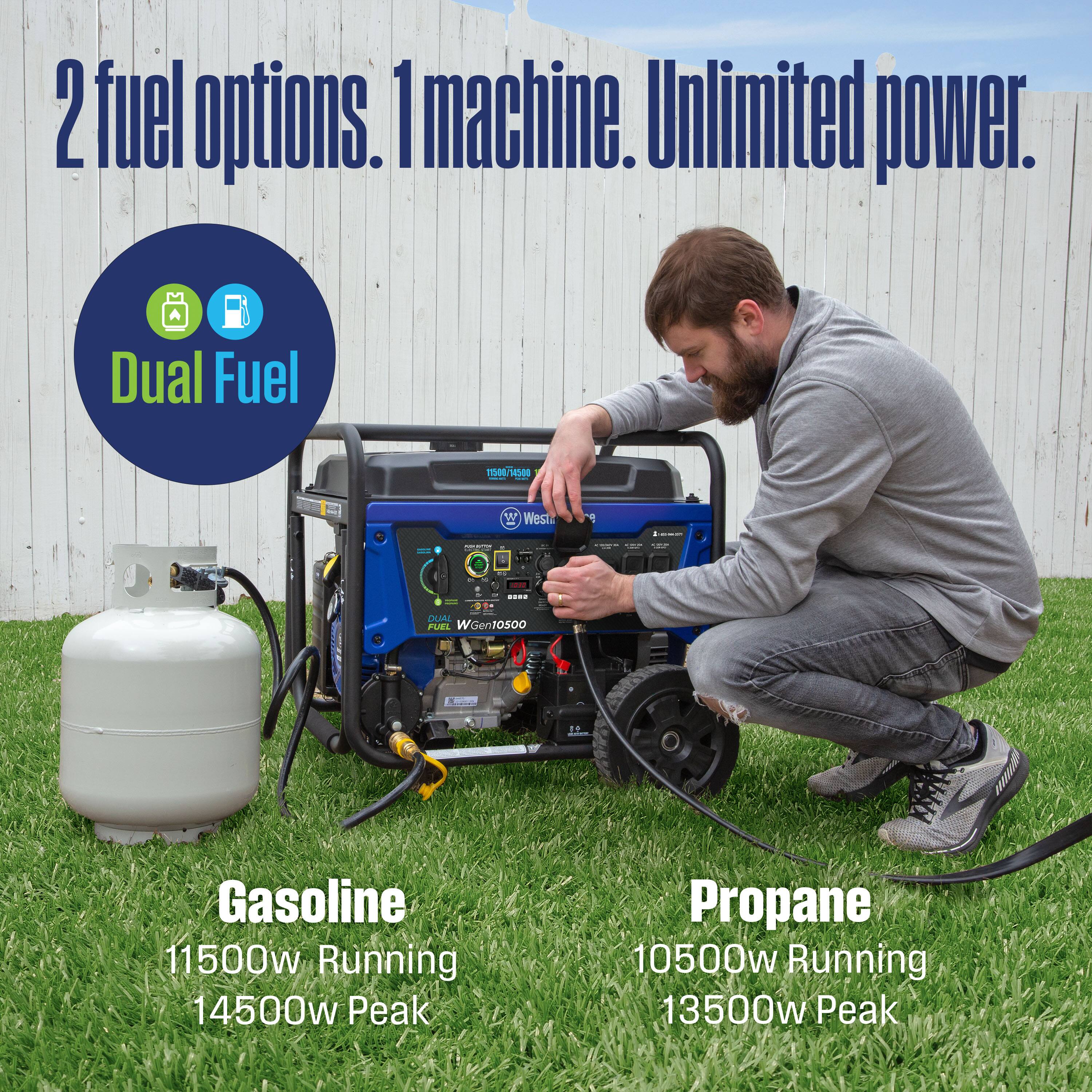 2 fuel options. 1 machine. Unlimited power.  
Dual Fuel  
Gasoline 11500w Running 14500w Peak  
Propane 10500w Running 13500w Peak