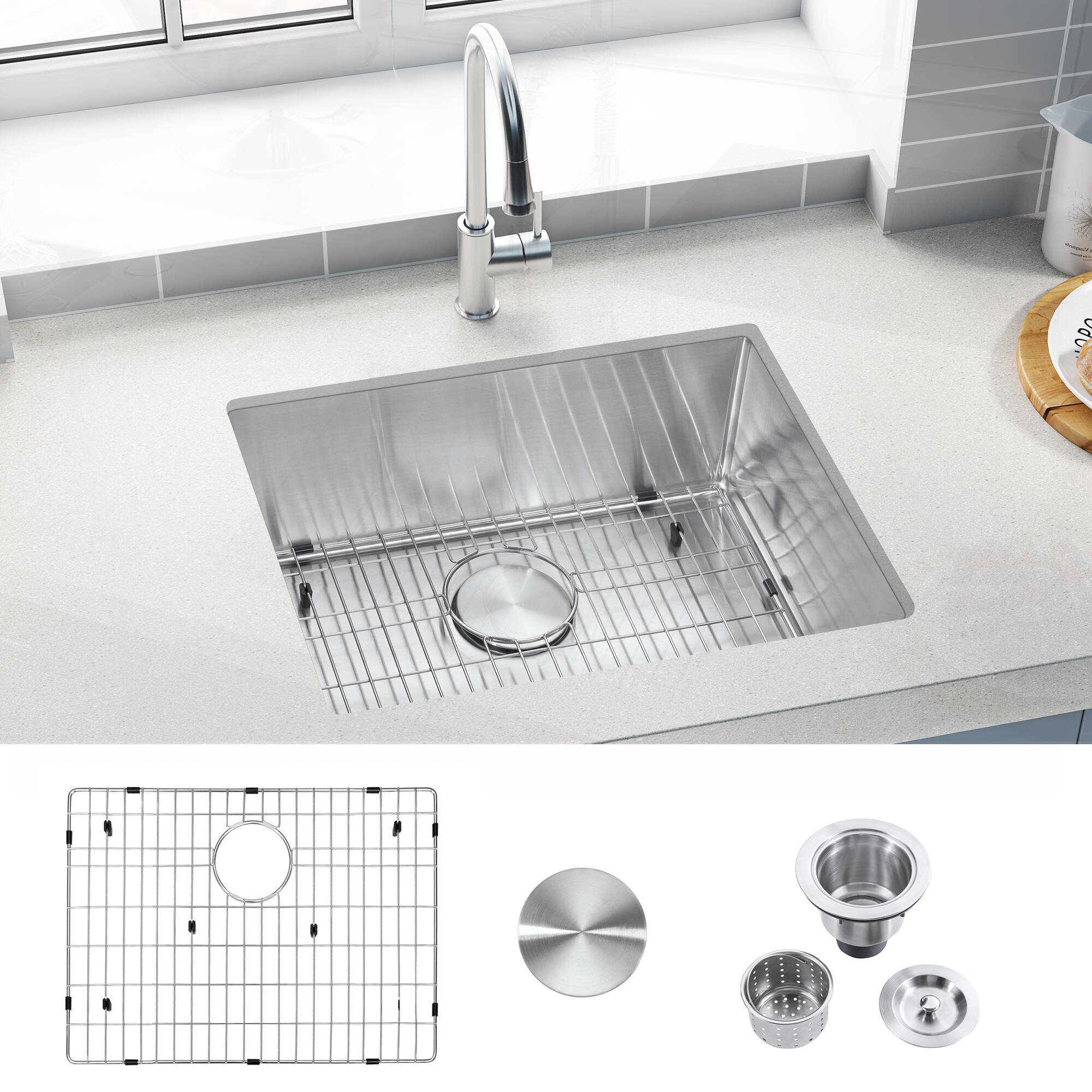 Left. Akicon - Akicon 23 in. Undermount Single Bowl 18-Gauge Brushed Stainless Steel Kitchen Sink with Bottom Grid and Basket Strainer - Silver.