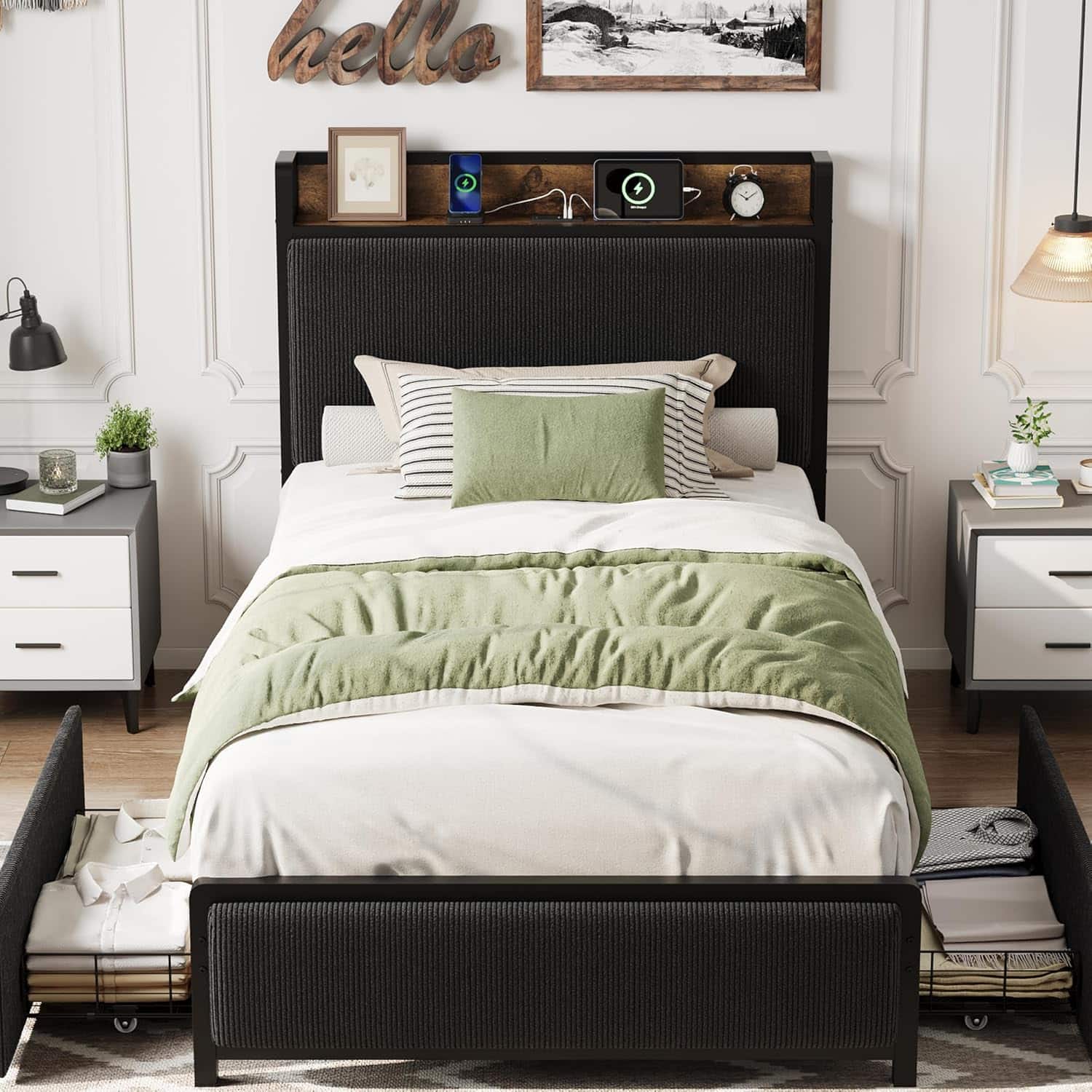 Homhougo - Twin-XL Upholstered Bed Frame with Storage Drawers and Charging Station, No Box Spring - Black