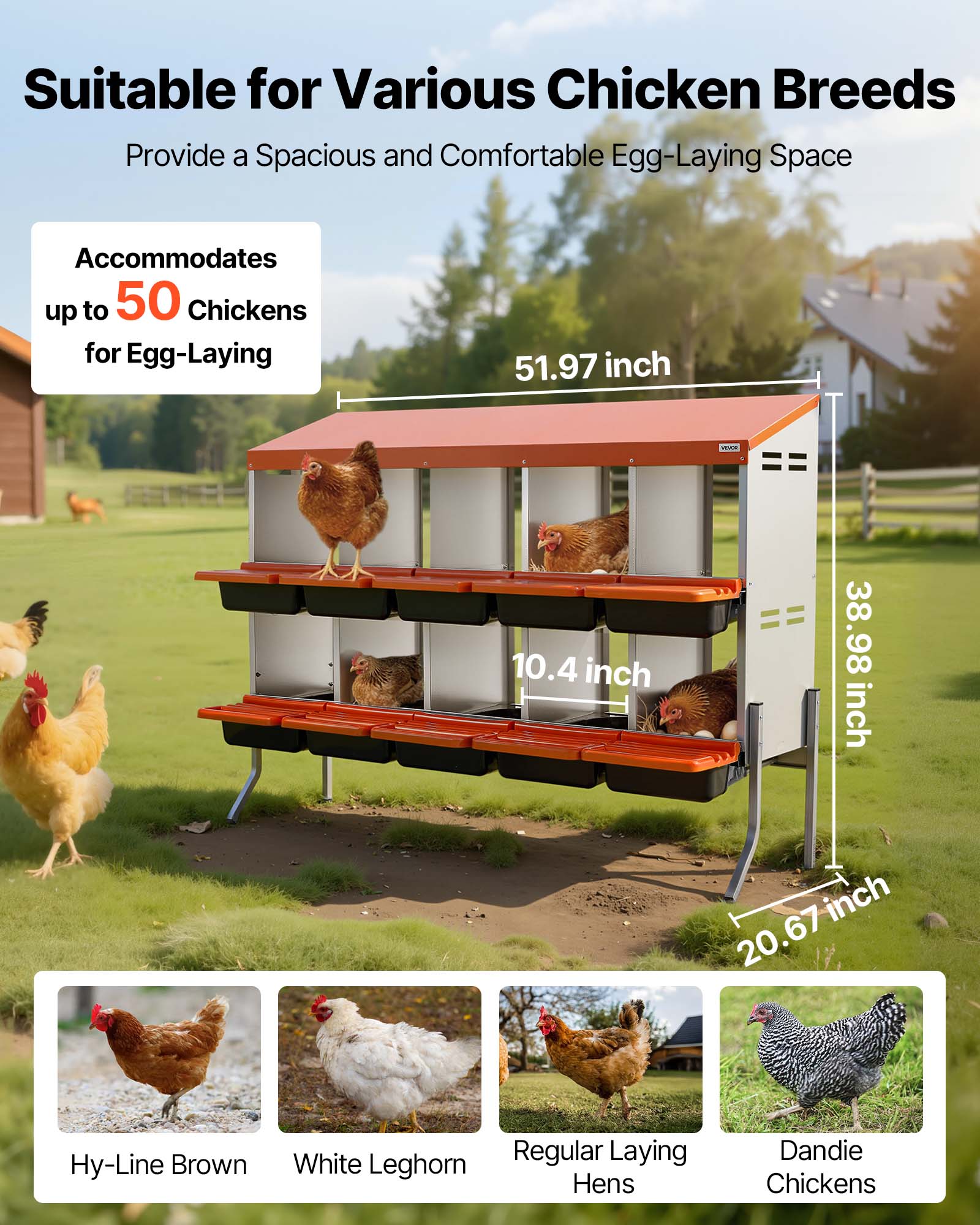 Suitable for Various Chicken Breeds  
Provide a Spacious and Comfortable Egg-Laying Space  
Accommodates up to 50 Chickens for Egg-Laying  

51.97 inch  
10.4 inch  
38.98 inch  
20.67 inch  

Hy-Line Brown  
White Leghorn  
Regular Laying Hens  
Dandie Chickens