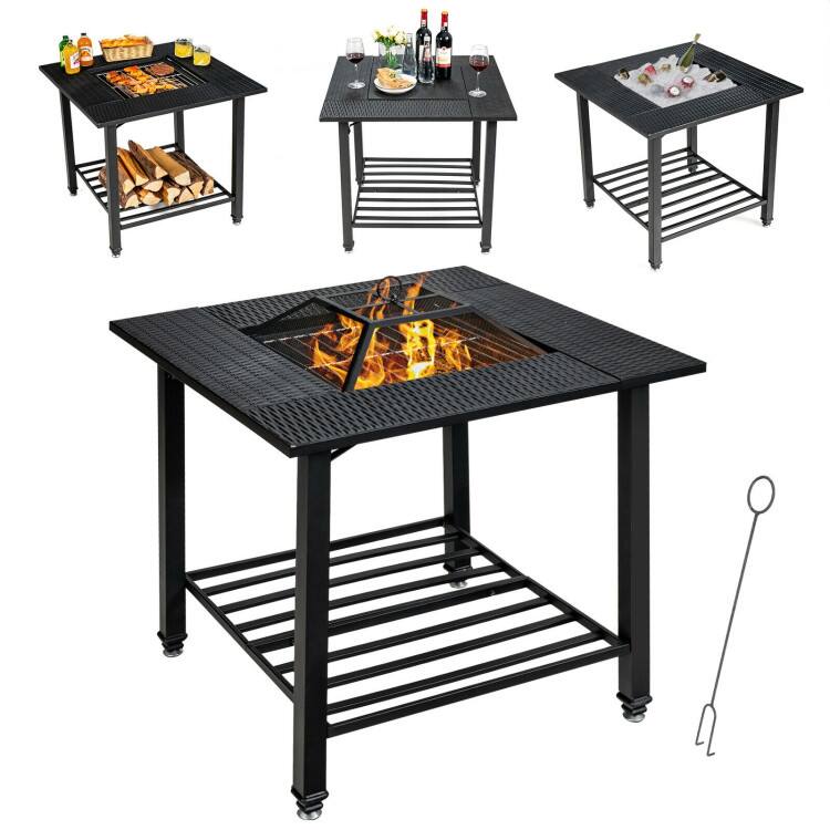 Back. Mondawe - 31 Inch Outdoor Fire Pit Dining Table with Cooking BBQ Grate - Black.