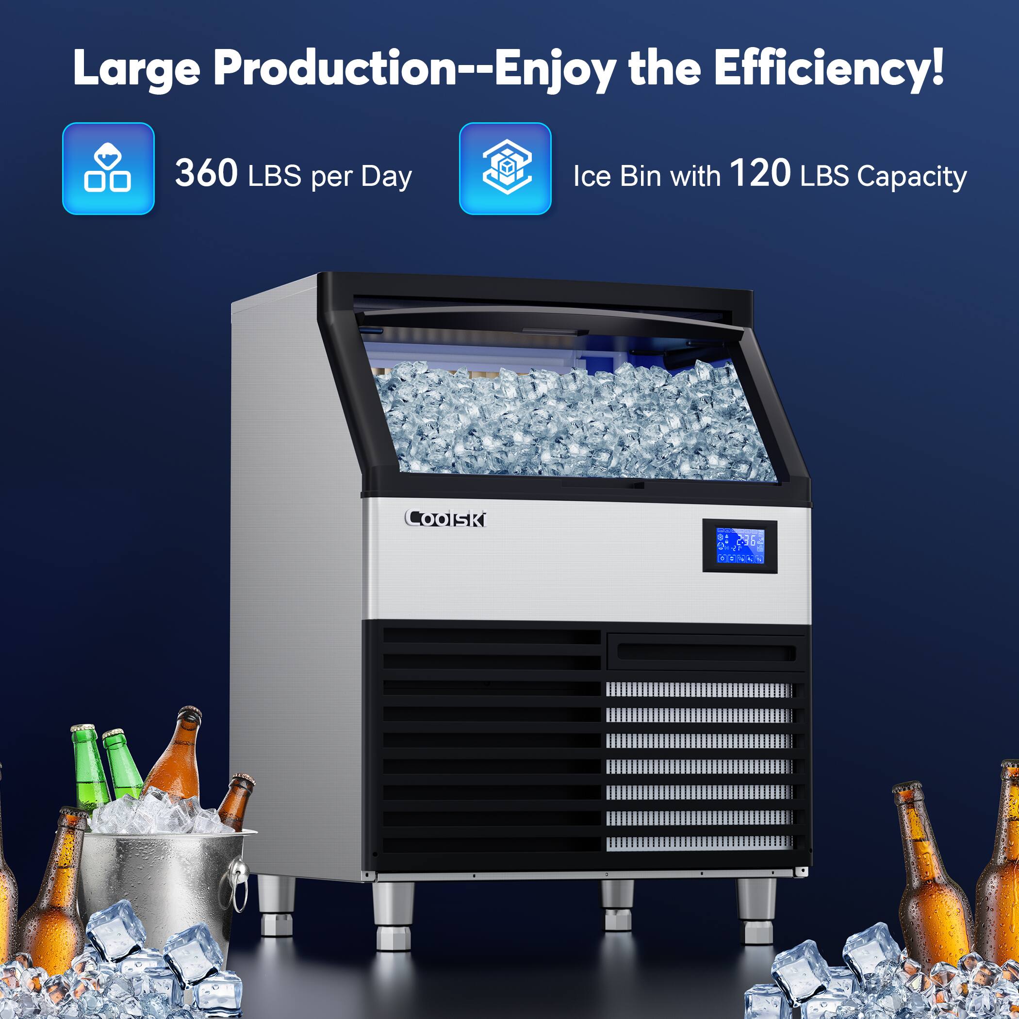 Large Production--Enjoy the Efficiency!  
360 LBS per Day  
Ice Bin with 120 LBS Capacity