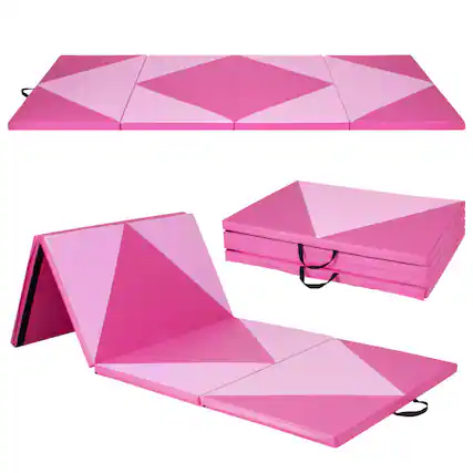 Front. SlickBlue - Folding 4-Panel Exercise Gym Mat with PU Cover and Hook and Loop Fasteners - Pink.